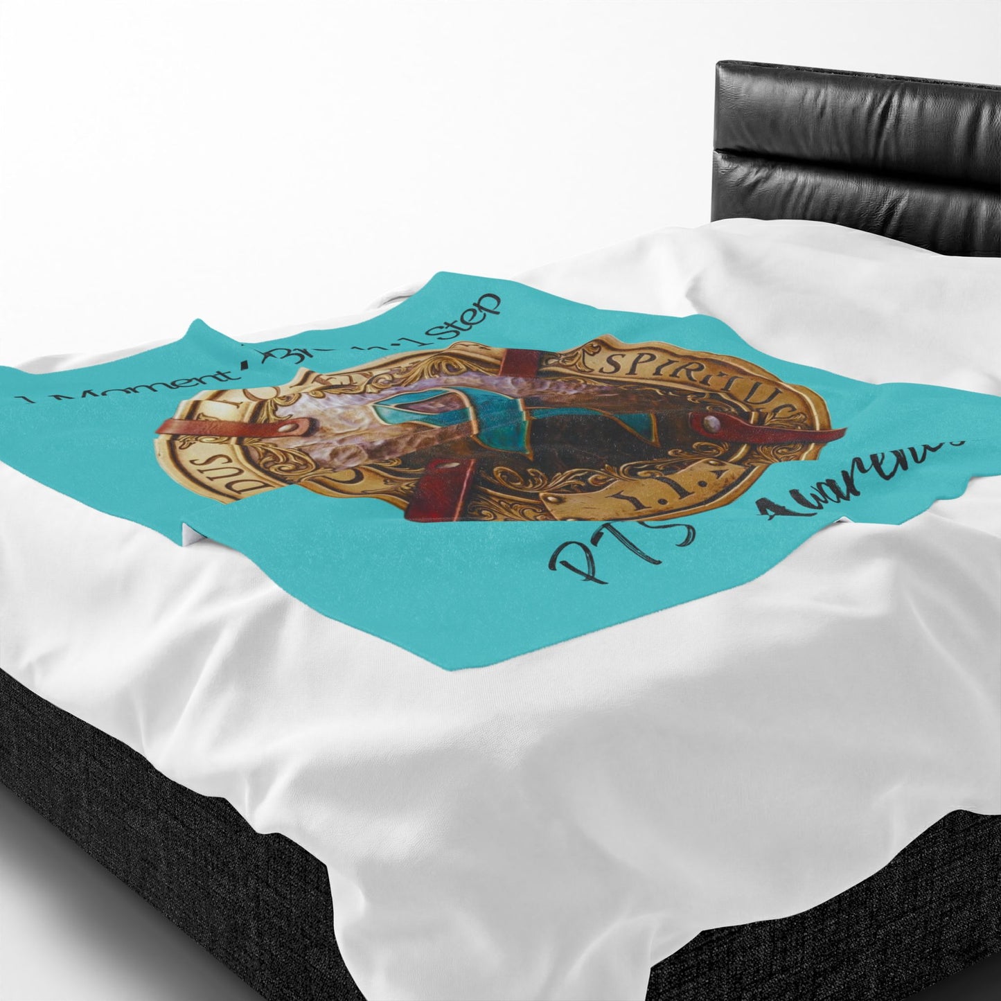 Velveteen Plush Blanket: "1 Moment • 1 Breath • 1 Step" PTSD Awareness Teal Ribbon Comfort Throw