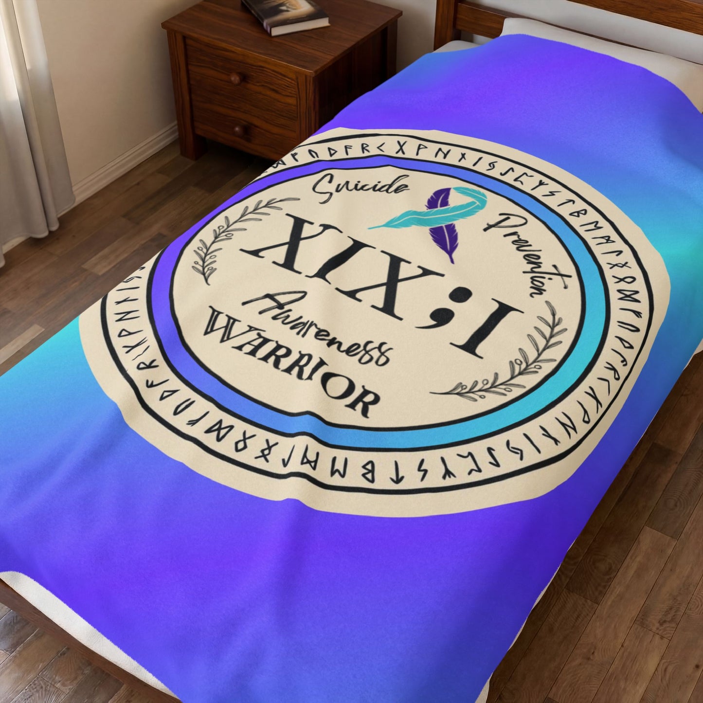 Velveteen Plush Blanket: Vibrant Suicide Awareness Warrior XIX;I Teal & Purple Support Ribbon