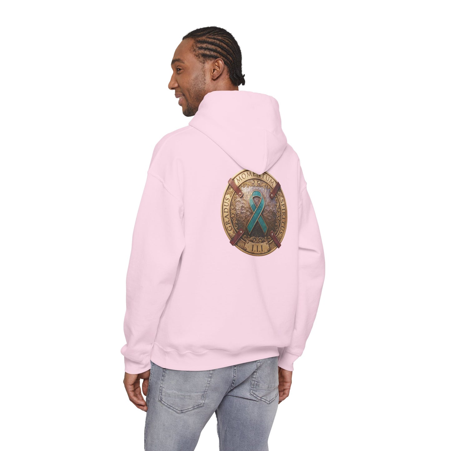Pullover  Hoodie: "1 Momentum (Moment), 1 Spiritus (Breath), 1 Gradus (Step)" PTSD Awareness Teal Support Ribbon