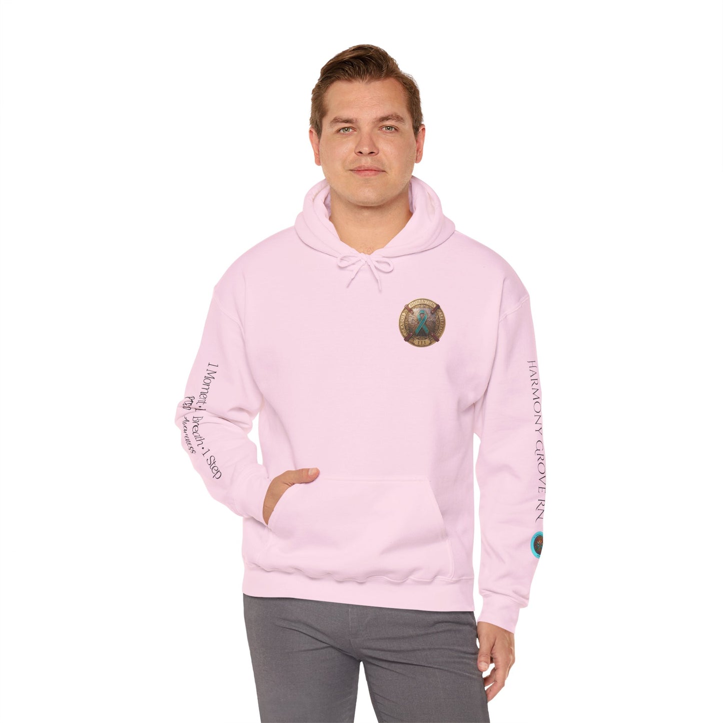 Pullover  Hoodie: "1 Momentum (Moment), 1 Spiritus (Breath), 1 Gradus (Step)" PTSD Awareness Teal Support Ribbon