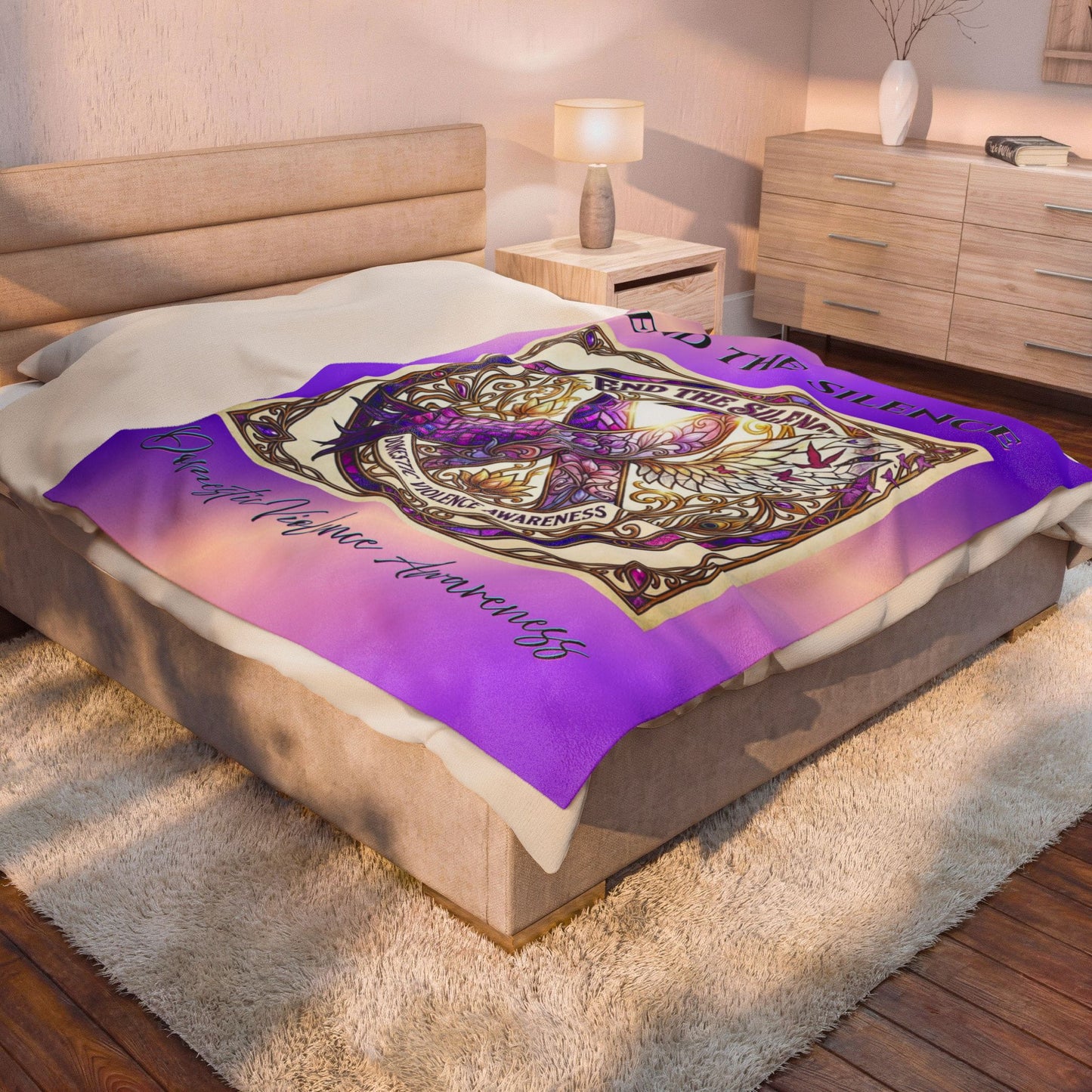 Velveteen Plush Blanket: "End The Silence" Domestic Violence Awareness Purple Support Ribbon