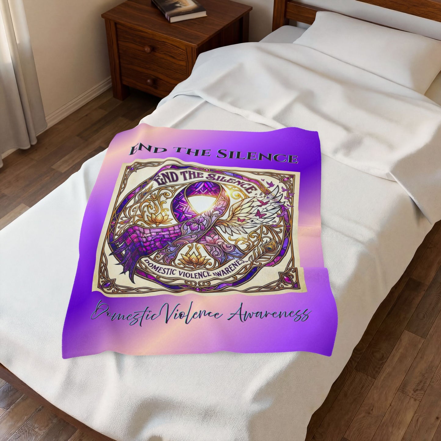 Velveteen Plush Blanket: "End The Silence" Domestic Violence Awareness Purple Support Ribbon