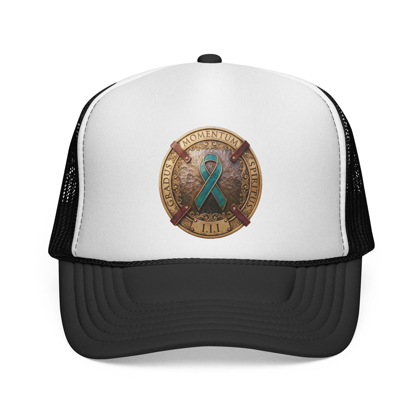 Trucker Hat: "1 Moment • 1 Breath • 1 Step" PTSD Awareness Teal Support Ribbon