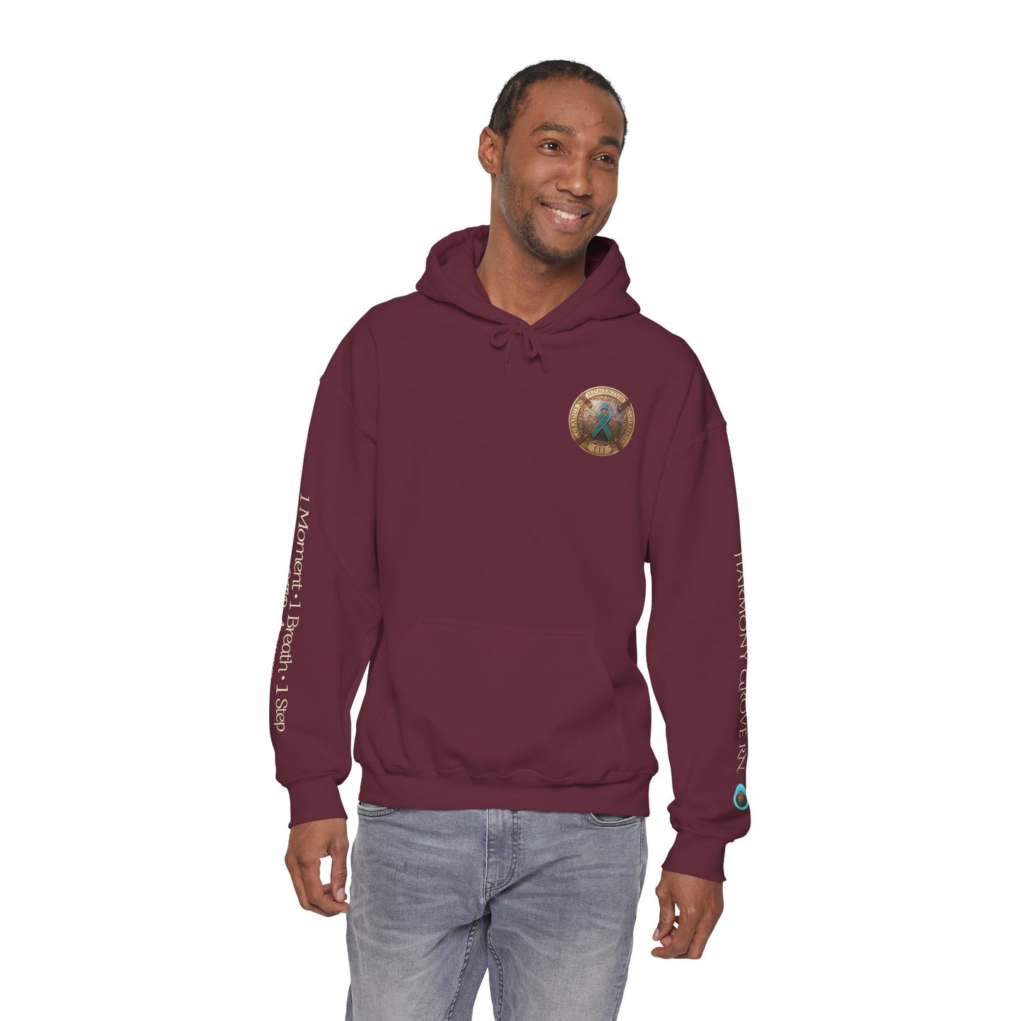 Pullover  Hoodie: "1 Momentum (Moment), 1 Spiritus (Breath), 1 Gradus (Step)" PTSD Awareness Teal Support Ribbon