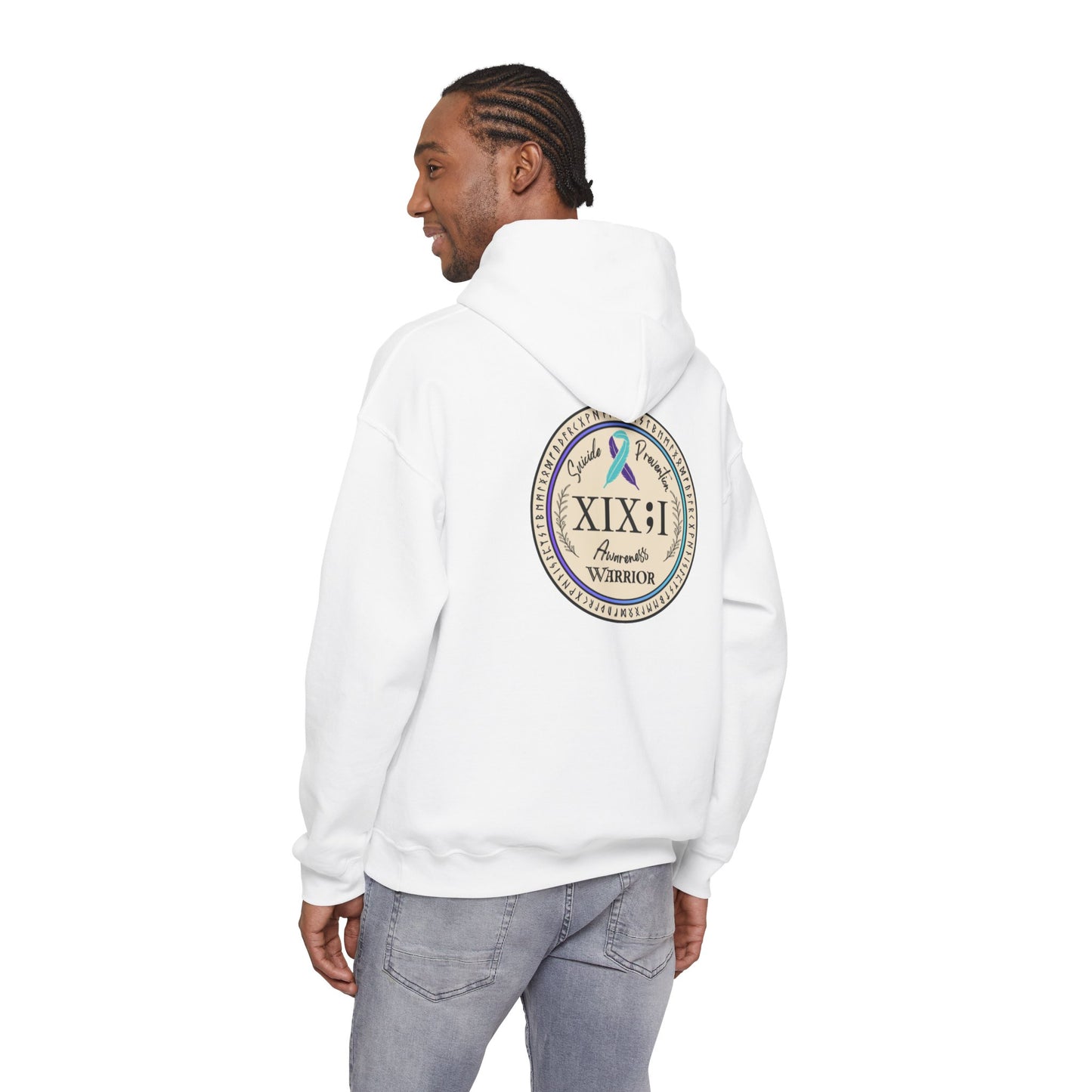 Pullover Hoodie: Suicide Awareness Warrior (XIX;I) Teal & Purple Support Ribbon