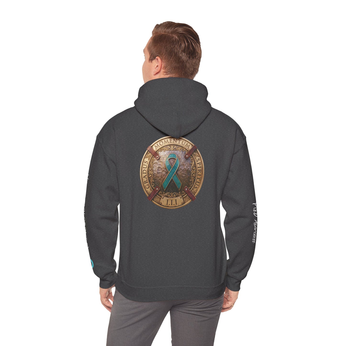Pullover  Hoodie: "1 Momentum (Moment), 1 Spiritus (Breath), 1 Gradus (Step)" PTSD Awareness Teal Support Ribbon