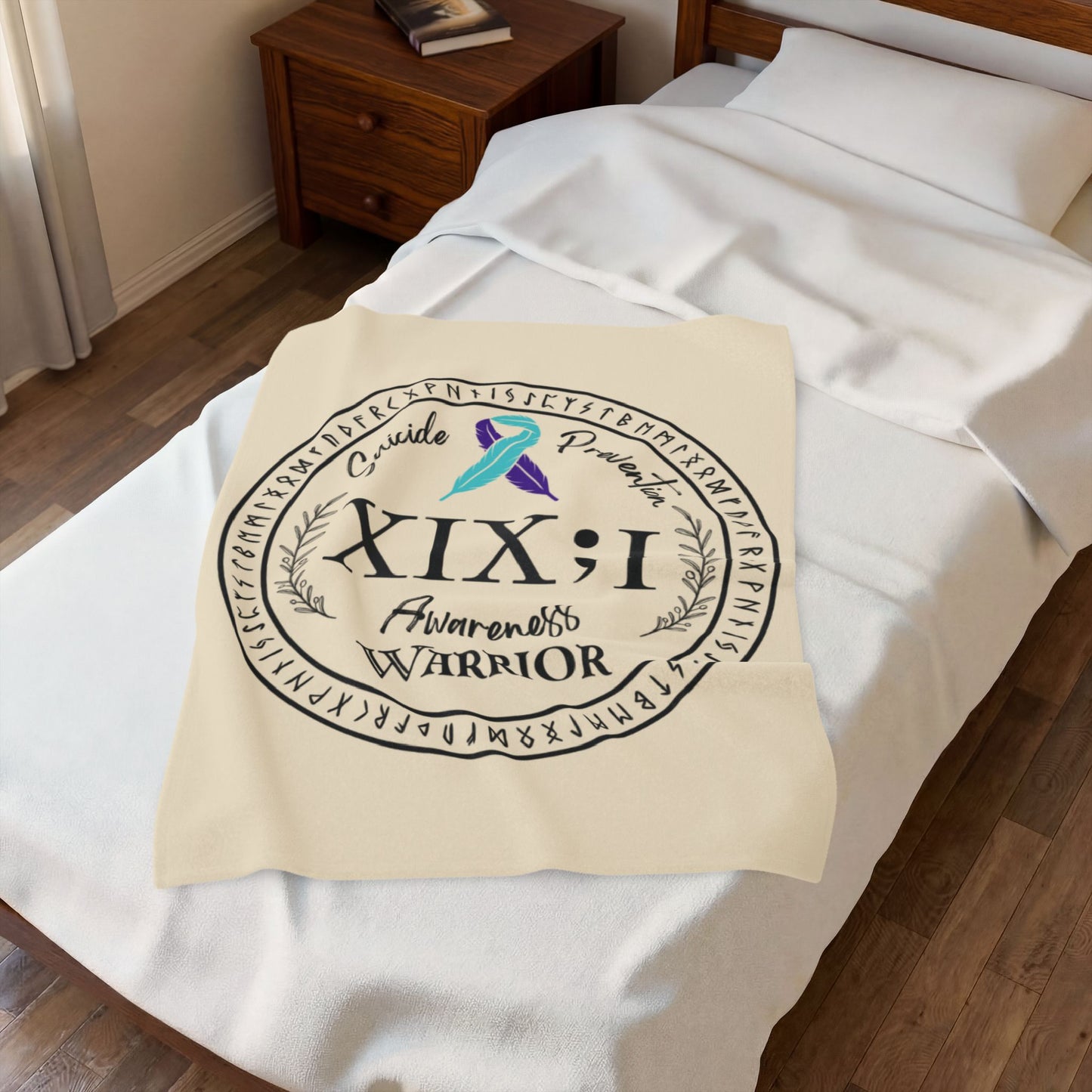 Velveteen Plush Blanket: Serene Suicide Awareness Warrior (XIX;I) Teal & Purple Support Ribbon
