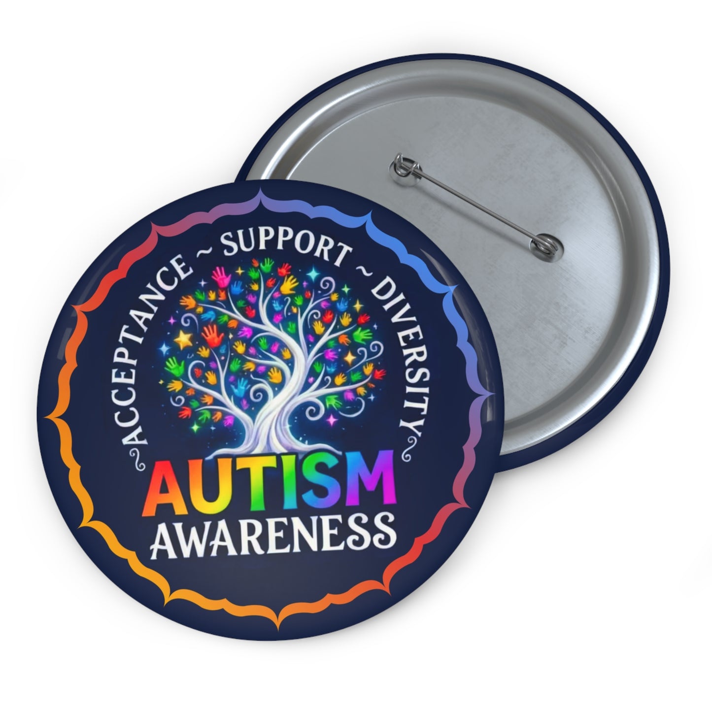 Pin Button: "Autism Awareness"  Rainbow Tree Acceptance & Diversity Badge