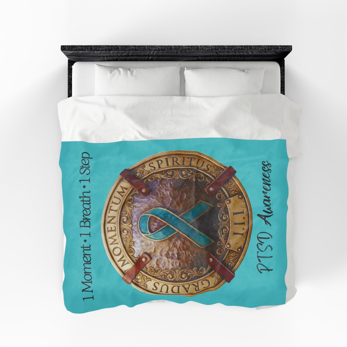 Velveteen Plush Blanket: "1 Moment • 1 Breath • 1 Step" PTSD Awareness Teal Ribbon Comfort Throw