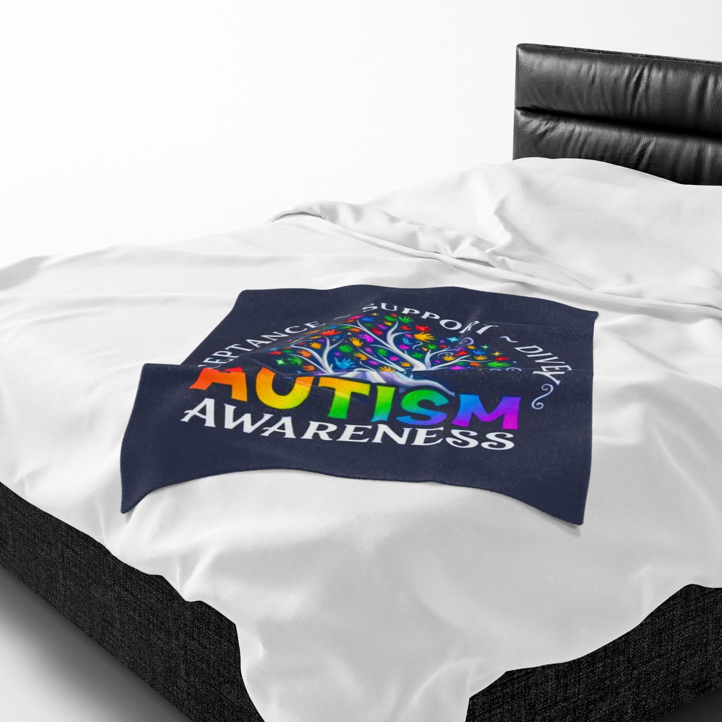 Autism Awareness Velveteen Plush Blanket "Acceptance • Support • Diversity" Rainbow Tree