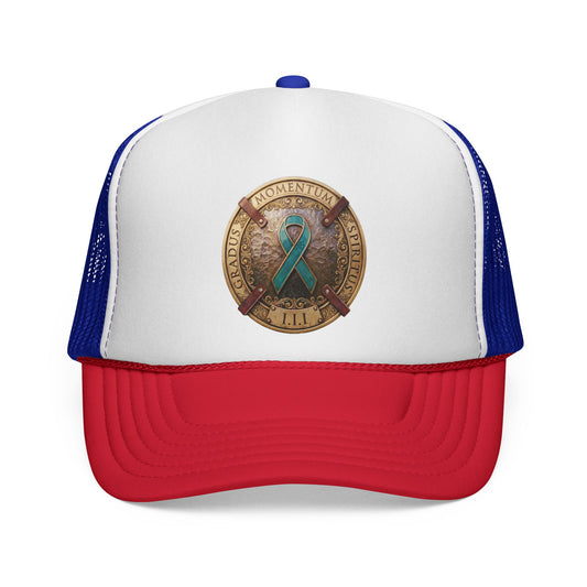 Trucker Hat: "1 Moment • 1 Breath • 1 Step" PTSD Awareness Teal Support Ribbon