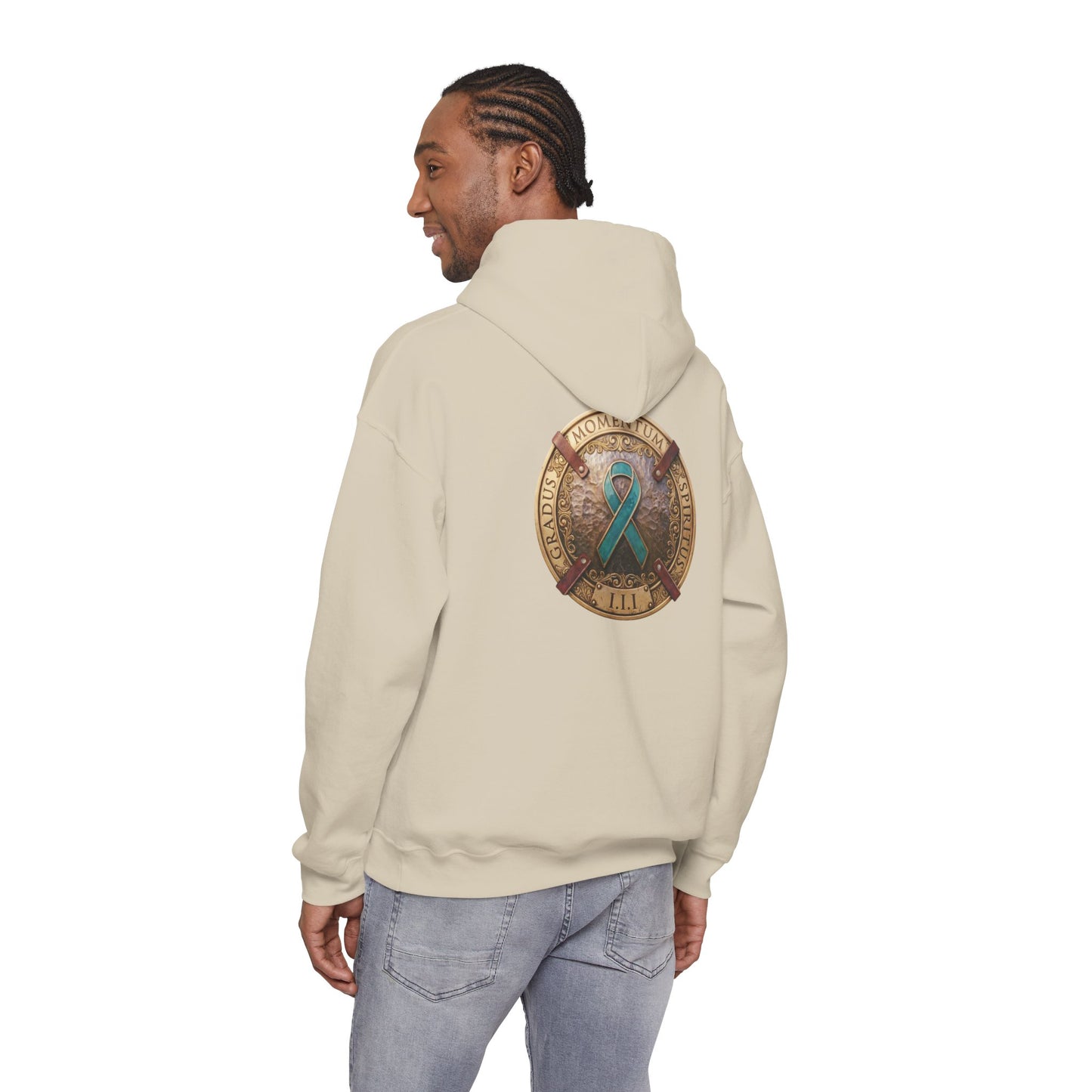 Pullover  Hoodie: "1 Momentum (Moment), 1 Spiritus (Breath), 1 Gradus (Step)" PTSD Awareness Teal Support Ribbon