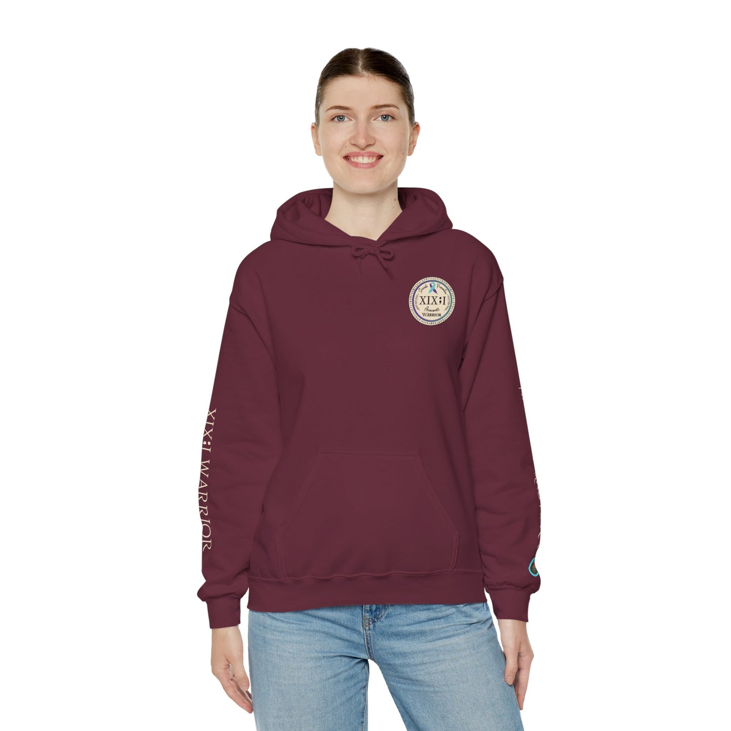Pullover Hoodie: Suicide Awareness Warrior (XIX;I) Teal & Purple Support Ribbon