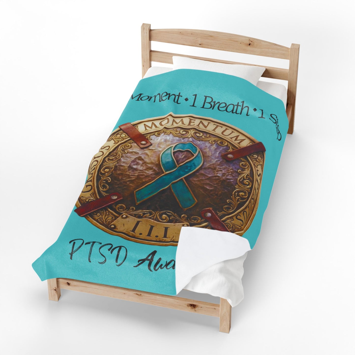 Velveteen Plush Blanket: "1 Moment • 1 Breath • 1 Step" PTSD Awareness Teal Ribbon Comfort Throw