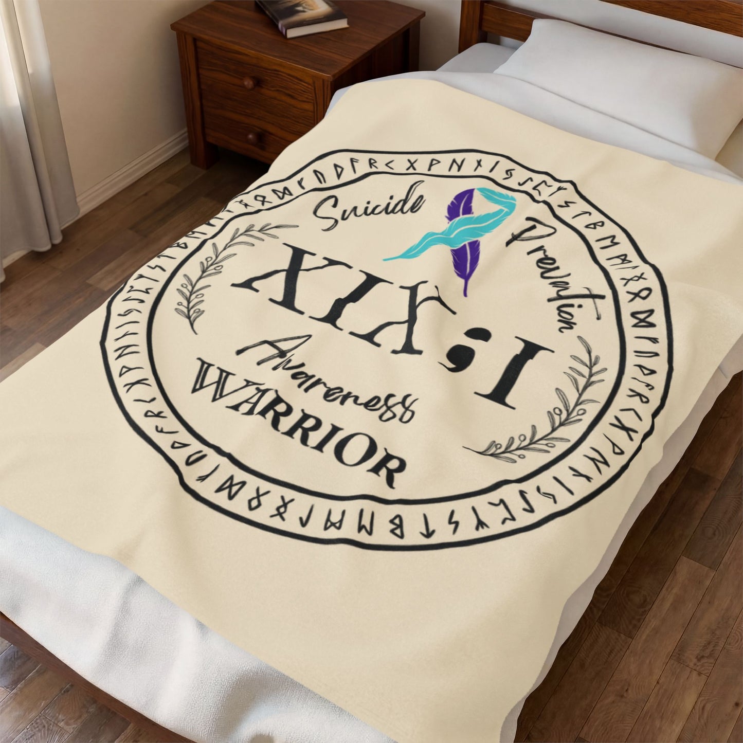 Velveteen Plush Blanket: Serene Suicide Awareness Warrior (XIX;I) Teal & Purple Support Ribbon