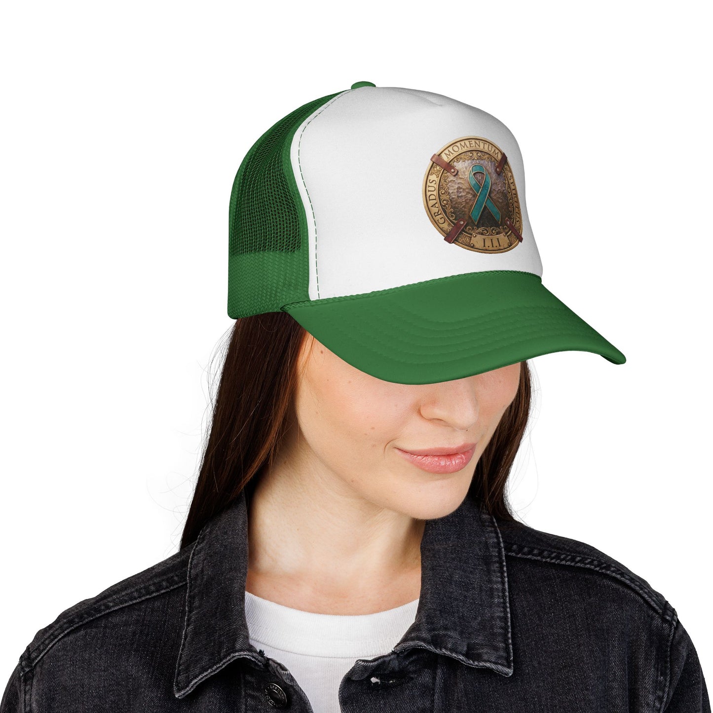 Trucker Hat: "1 Moment • 1 Breath • 1 Step" PTSD Awareness Teal Support Ribbon