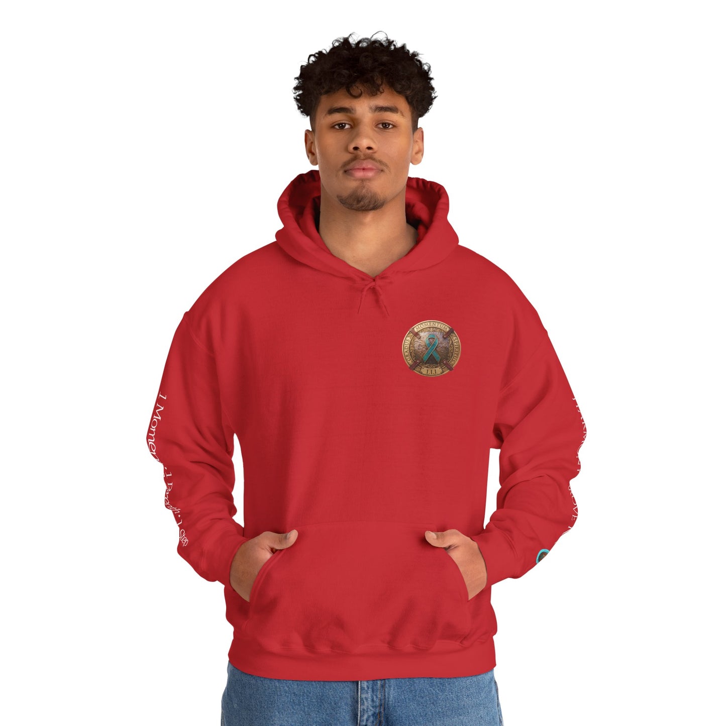 Pullover  Hoodie: "1 Momentum (Moment), 1 Spiritus (Breath), 1 Gradus (Step)" PTSD Awareness Teal Support Ribbon