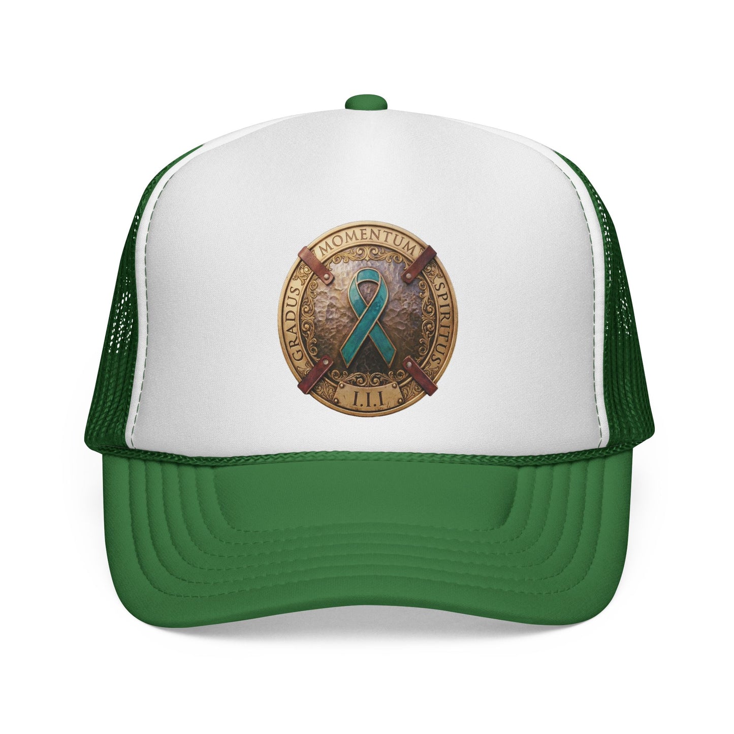 Trucker Hat: "1 Moment • 1 Breath • 1 Step" PTSD Awareness Teal Support Ribbon