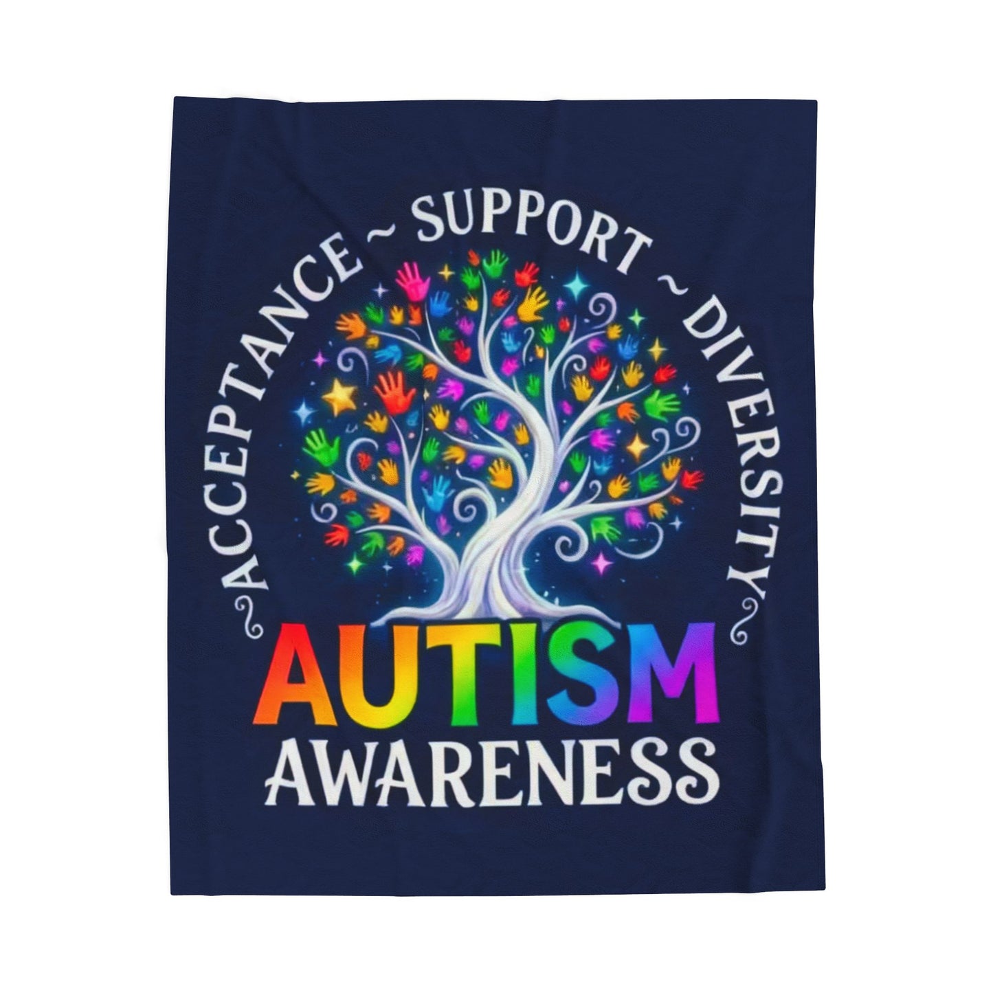 Autism Awareness Velveteen Plush Blanket "Acceptance • Support • Diversity" Rainbow Tree