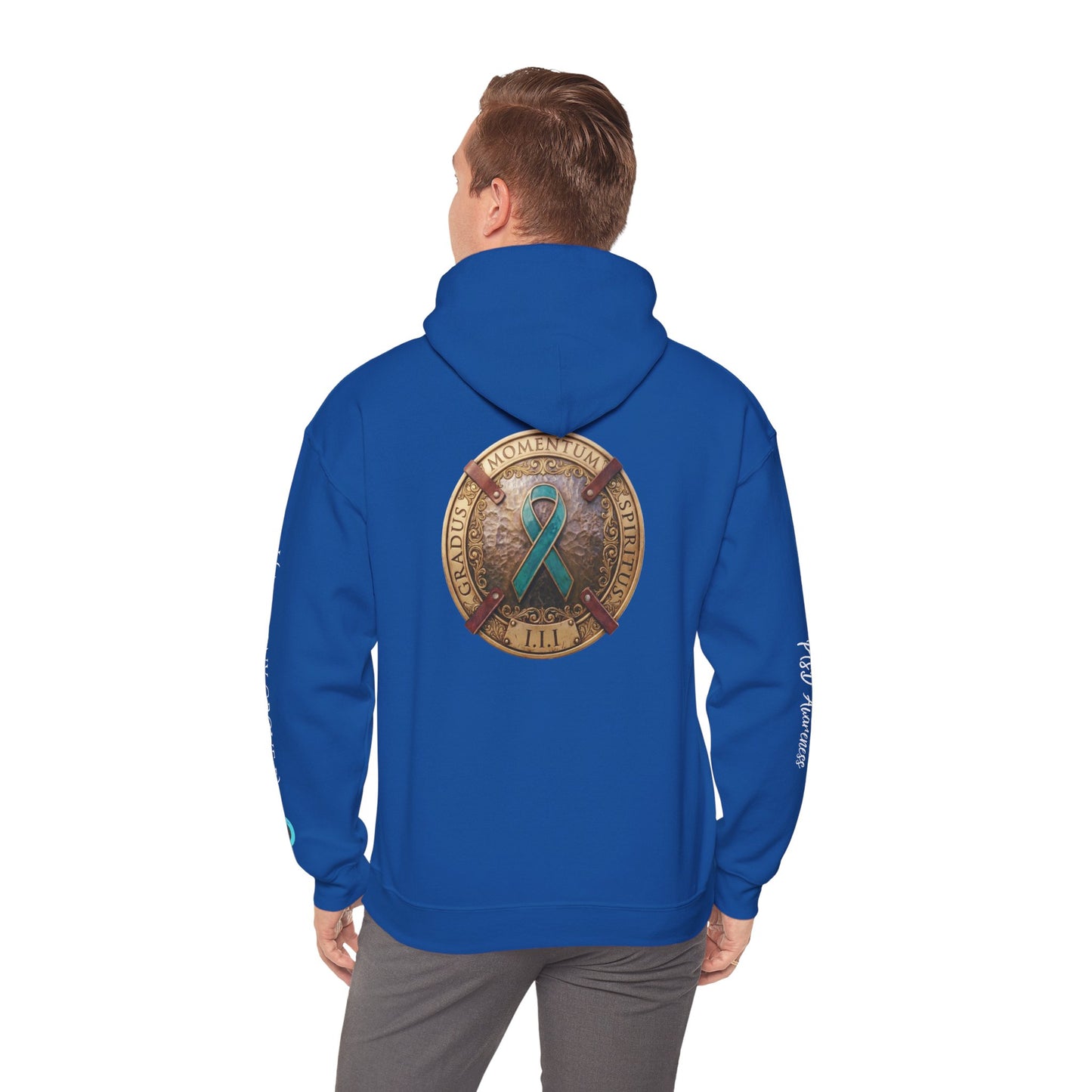 Pullover  Hoodie: "1 Momentum (Moment), 1 Spiritus (Breath), 1 Gradus (Step)" PTSD Awareness Teal Support Ribbon
