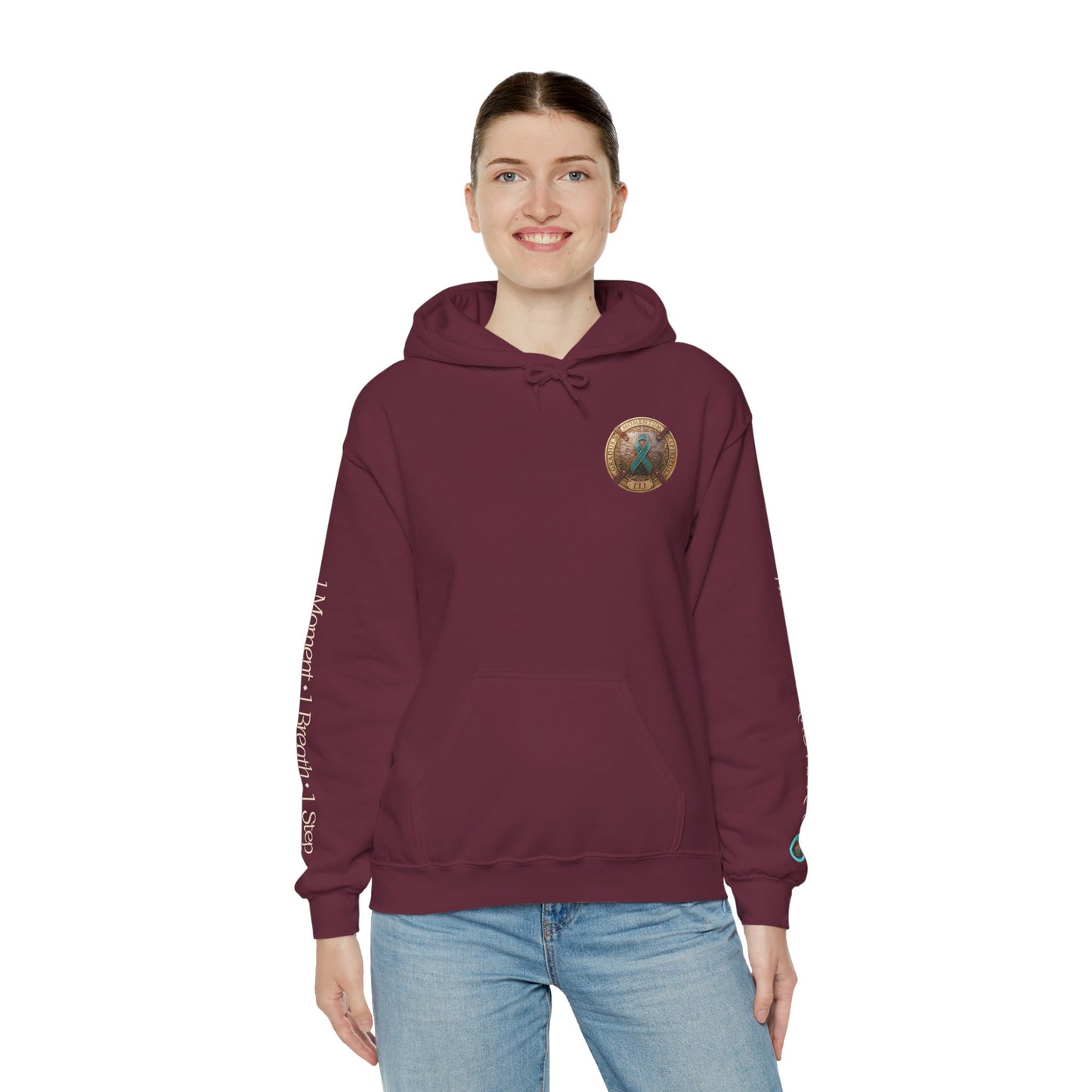 Pullover  Hoodie: "1 Momentum (Moment), 1 Spiritus (Breath), 1 Gradus (Step)" PTSD Awareness Teal Support Ribbon