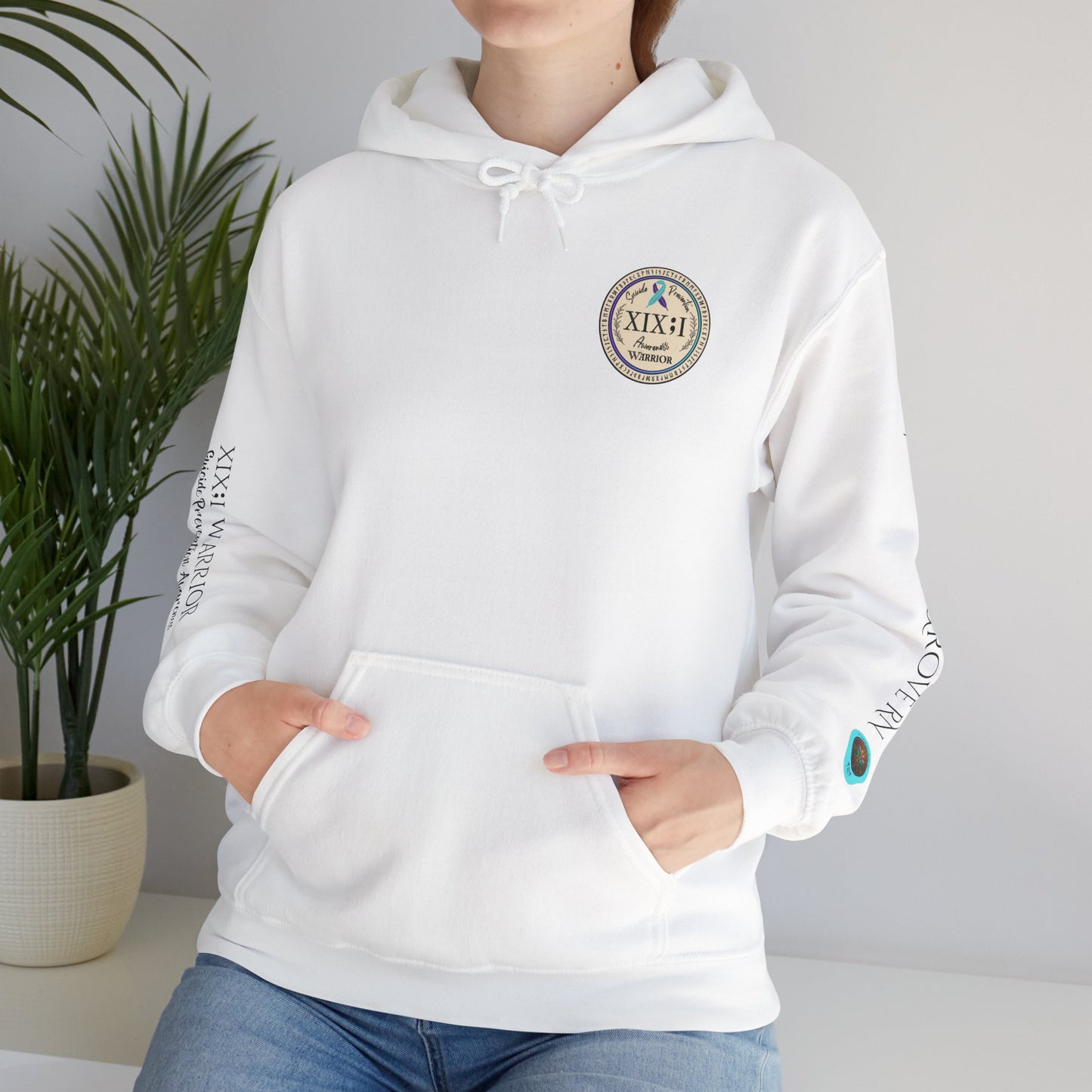 Pullover Hoodie: Suicide Awareness Warrior (XIX;I) Teal & Purple Support Ribbon