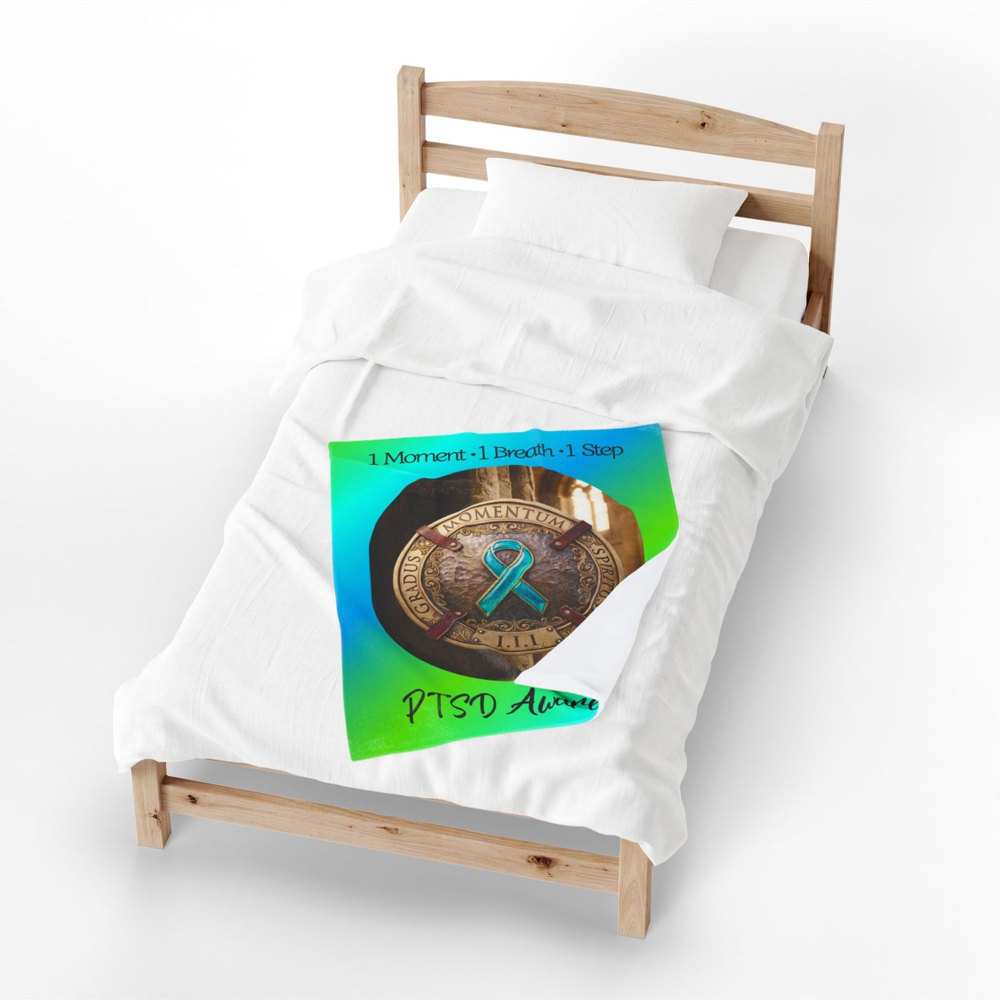 Velveteen Plush Blanket: "1 Moment • 1 Breath • 1 Step" PTSD Awareness Teal Ribbon Comfort Throw