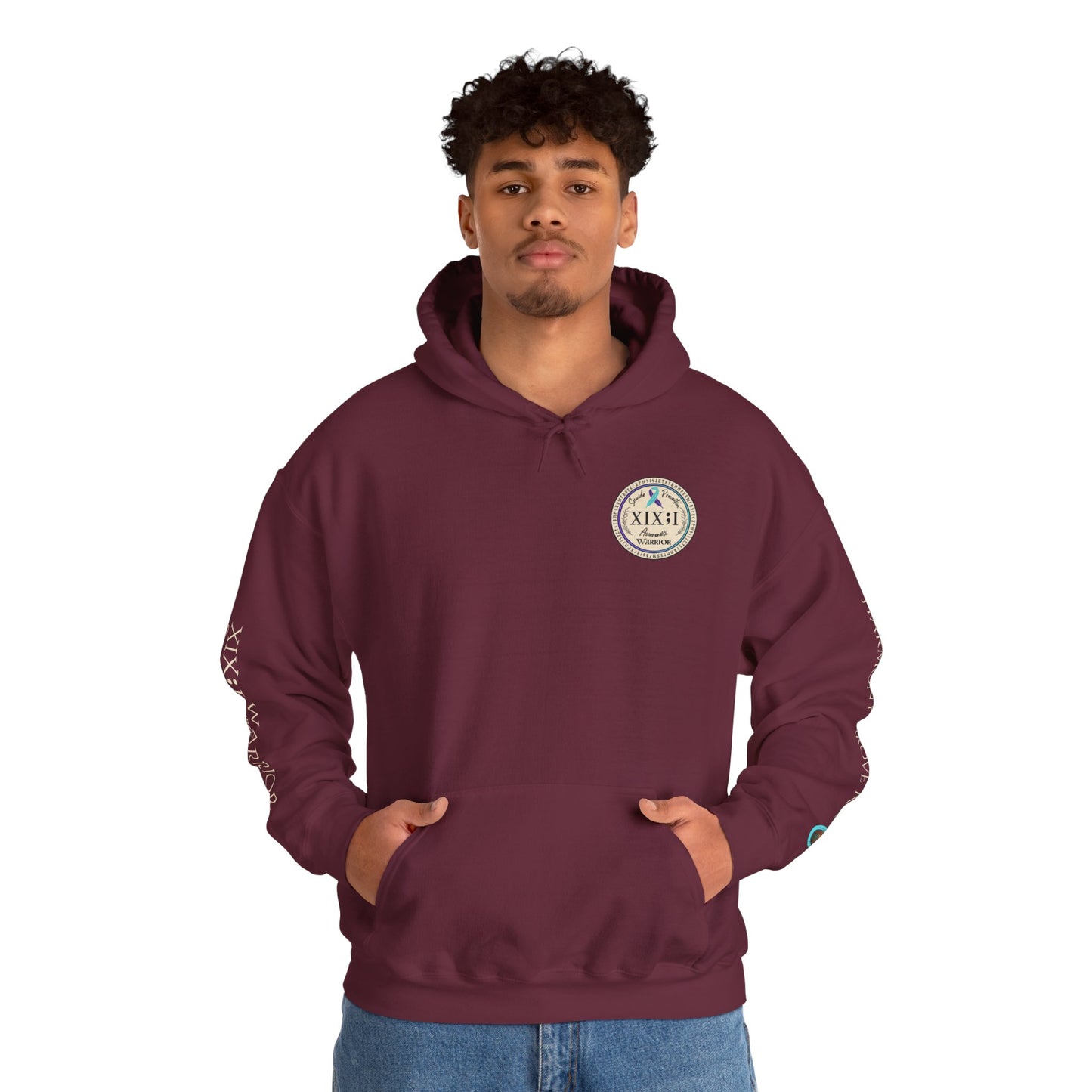 Pullover Hoodie: Suicide Awareness Warrior (XIX;I) Teal & Purple Support Ribbon