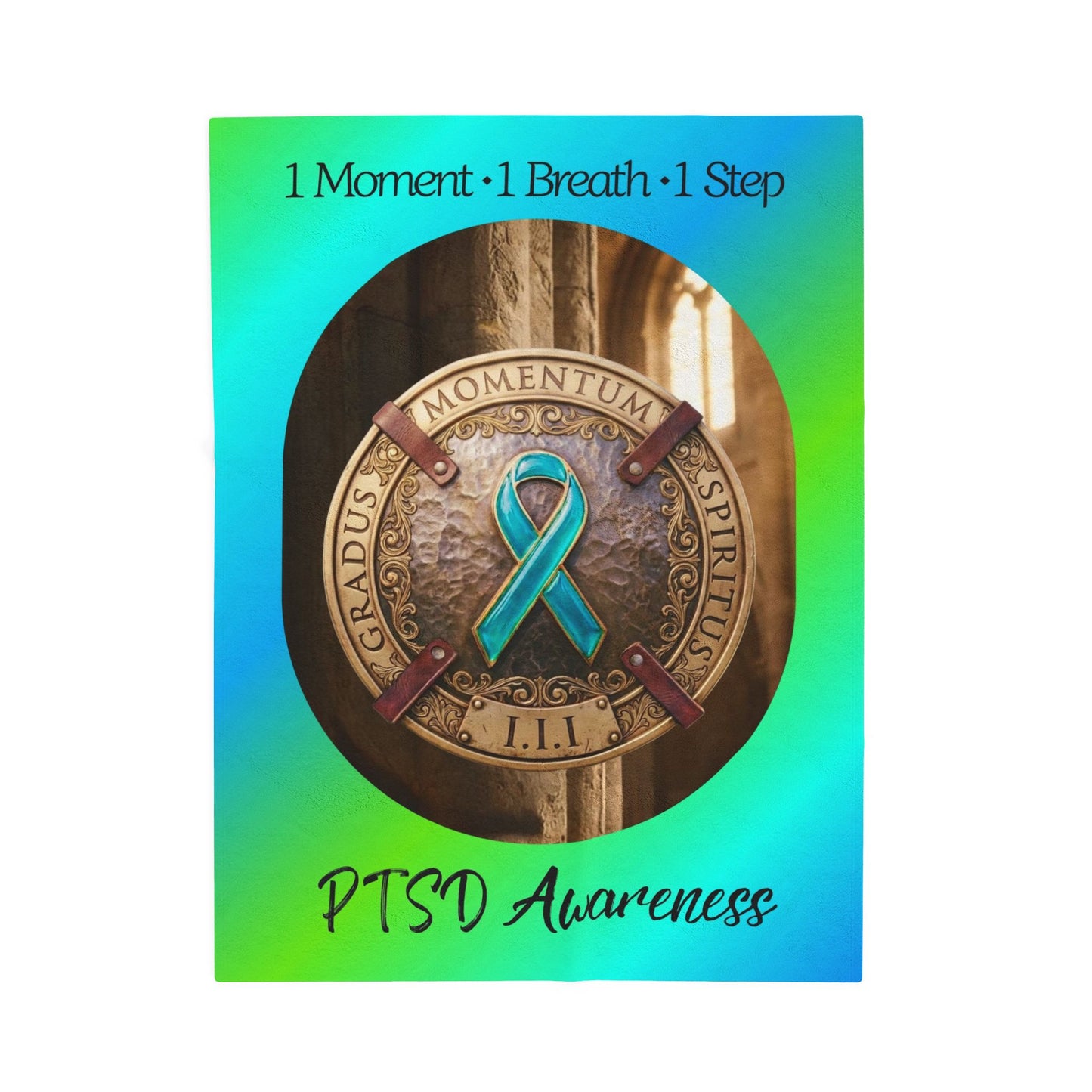 Velveteen Plush Blanket: "1 Moment • 1 Breath • 1 Step" PTSD Awareness Teal Ribbon Comfort Throw