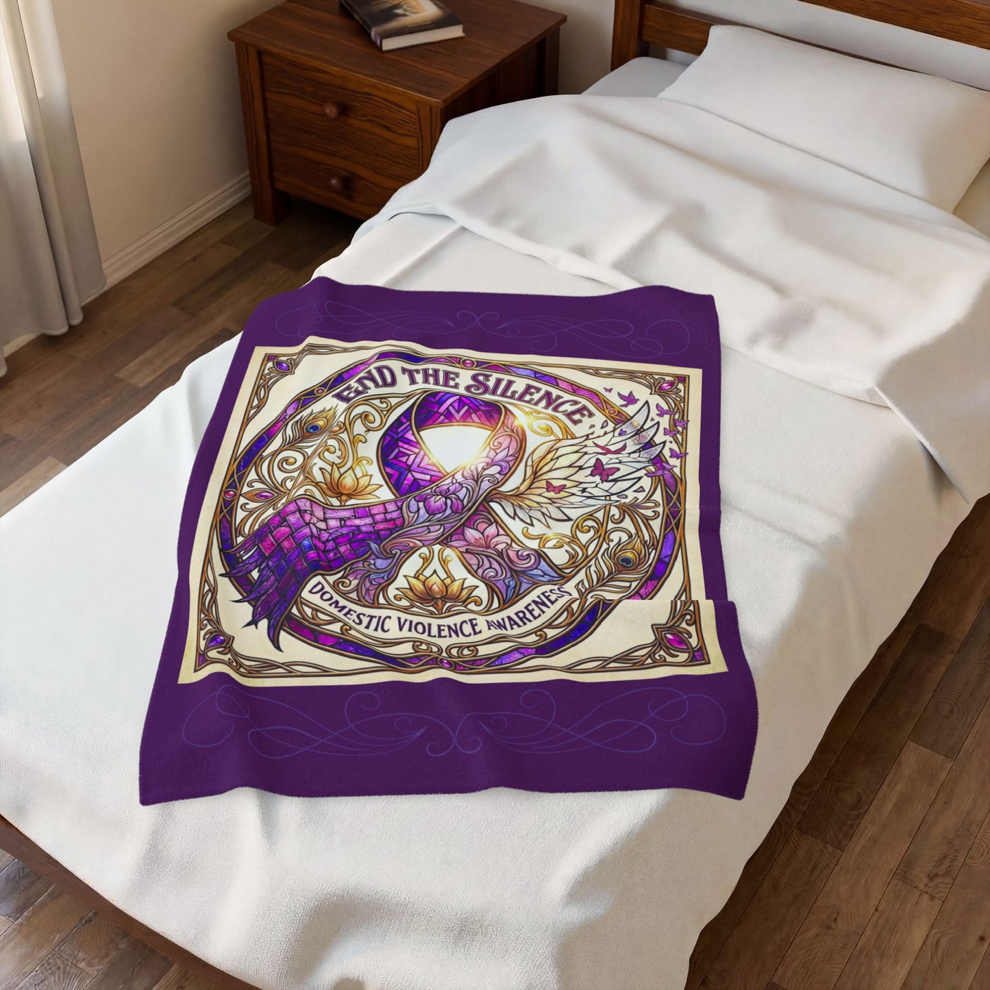 Domestic Violence Awareness Velveteen Plush Blanket:"End the Silence" Purple Ribbon Throw