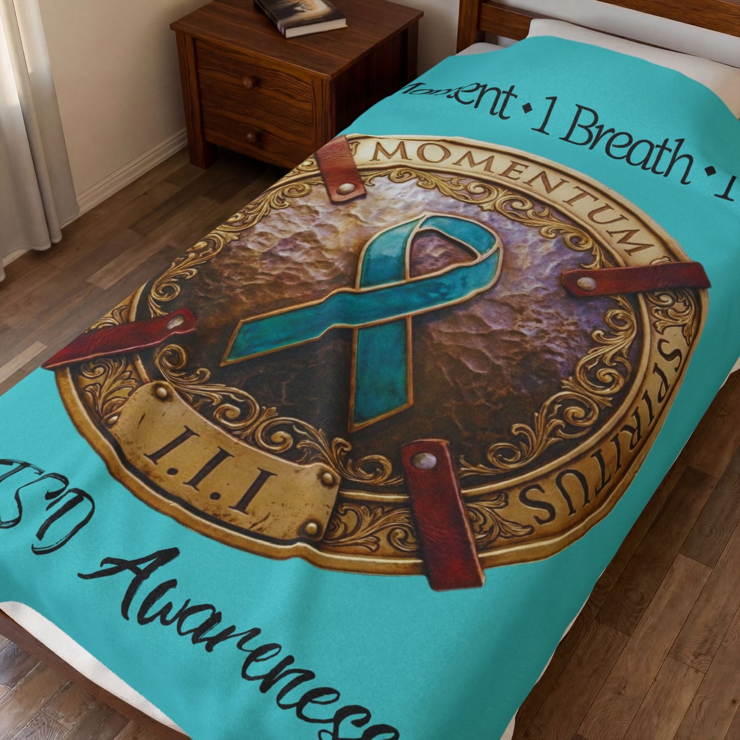 Velveteen Plush Blanket: "1 Moment • 1 Breath • 1 Step" PTSD Awareness Teal Ribbon Comfort Throw