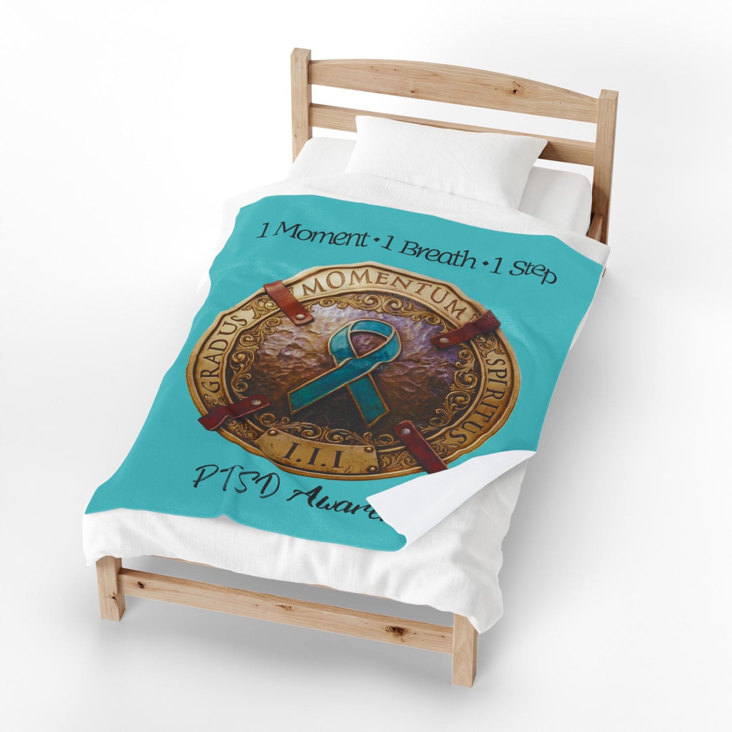 Velveteen Plush Blanket: "1 Moment • 1 Breath • 1 Step" PTSD Awareness Teal Ribbon Comfort Throw