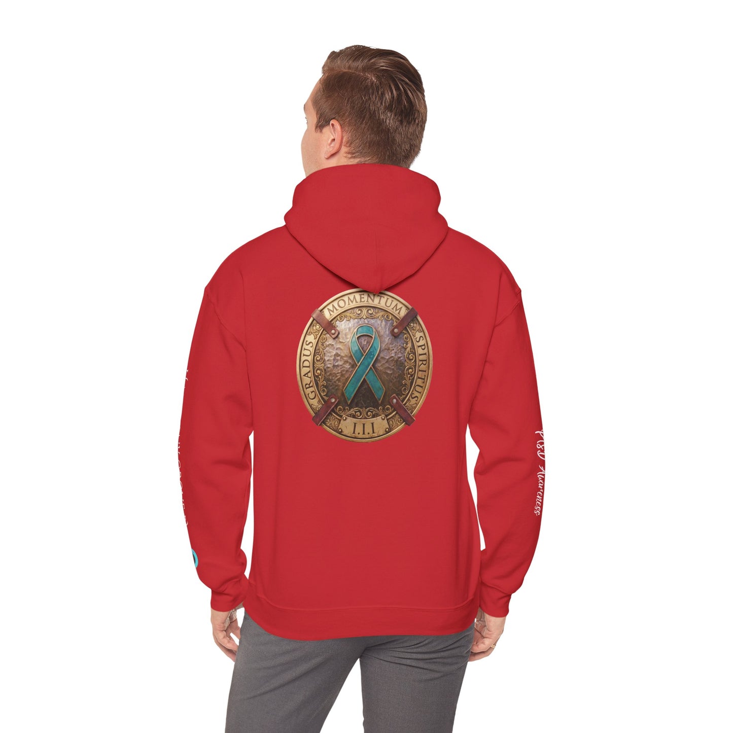 Pullover  Hoodie: "1 Momentum (Moment), 1 Spiritus (Breath), 1 Gradus (Step)" PTSD Awareness Teal Support Ribbon