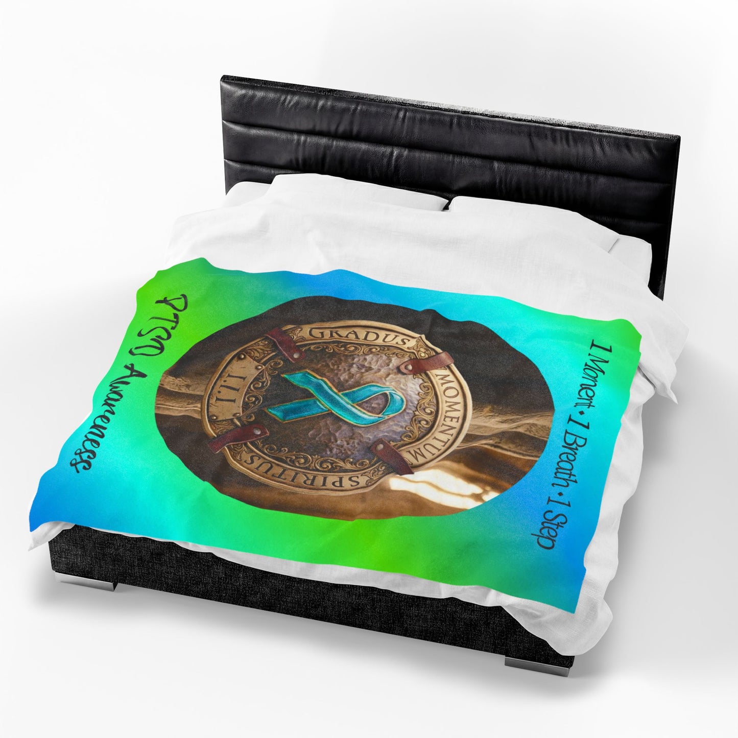 Velveteen Plush Blanket: "1 Moment • 1 Breath • 1 Step" PTSD Awareness Teal Ribbon Comfort Throw