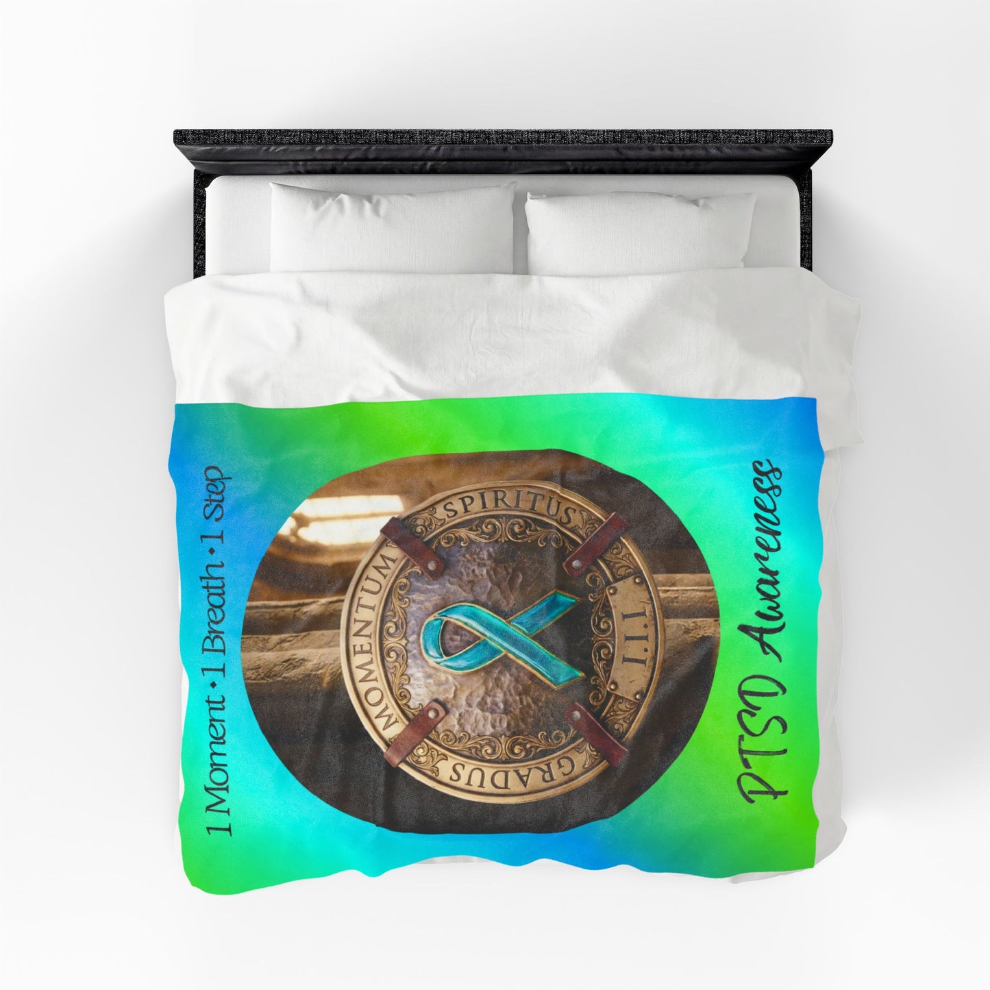Velveteen Plush Blanket: "1 Moment • 1 Breath • 1 Step" PTSD Awareness Teal Ribbon Comfort Throw