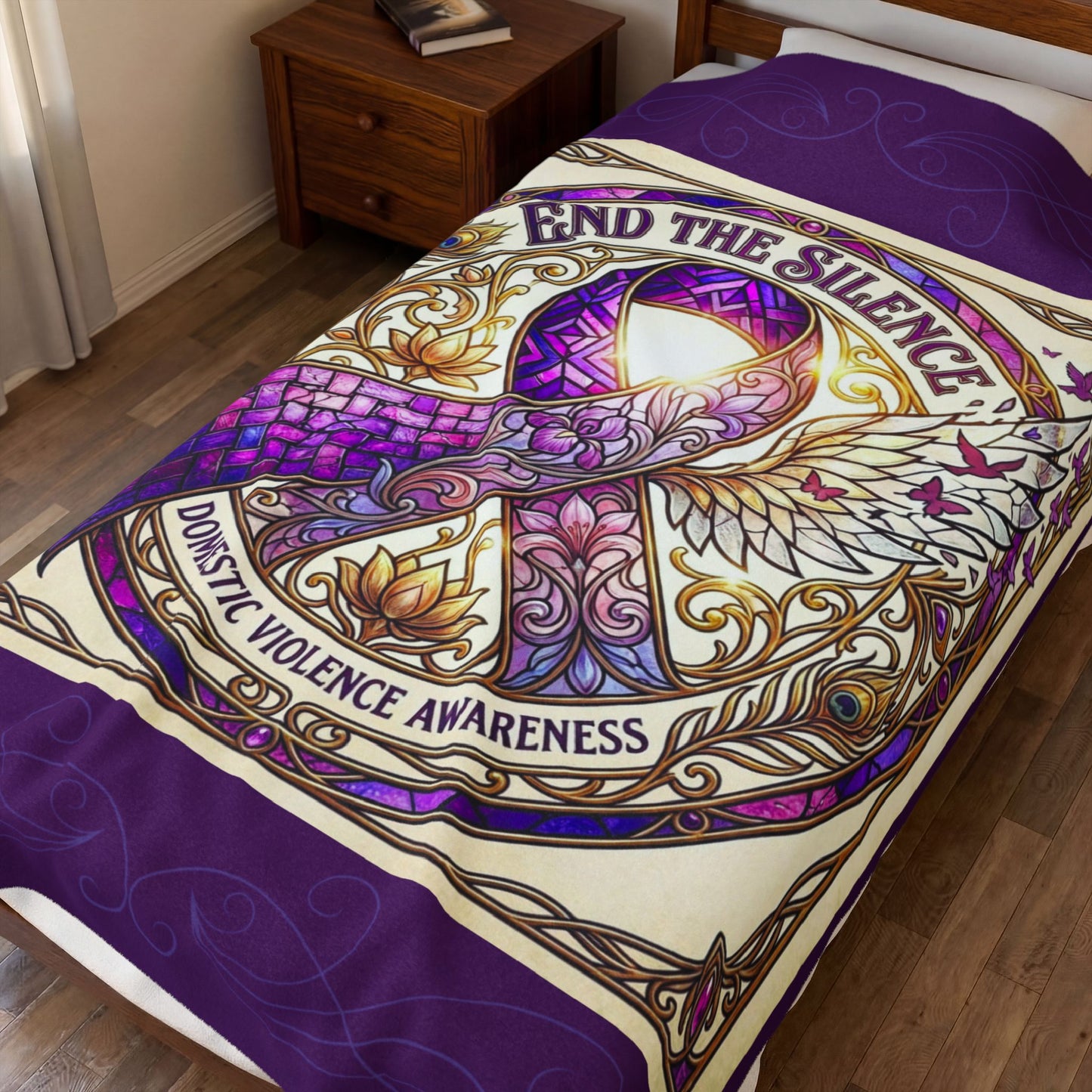 Domestic Violence Awareness Velveteen Plush Blanket:"End the Silence" Purple Ribbon Throw
