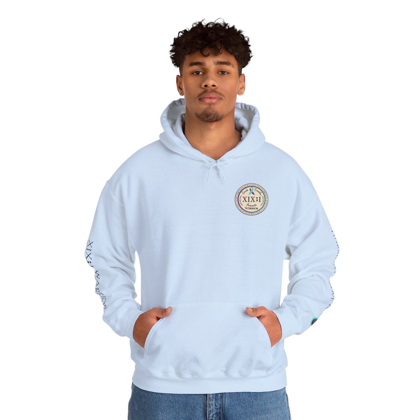 Pullover Hoodie: Suicide Awareness Warrior (XIX;I) Teal & Purple Support Ribbon