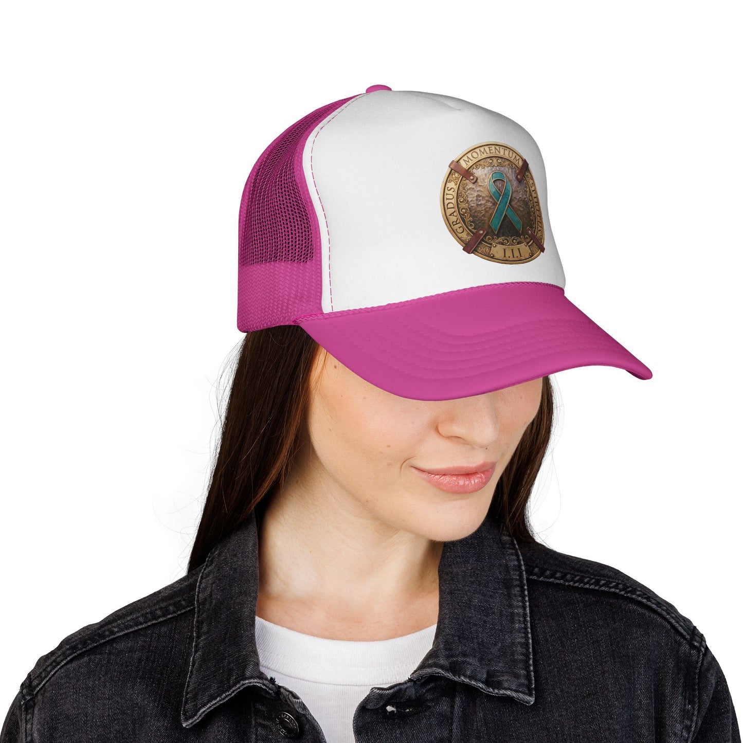 Trucker Hat: "1 Moment • 1 Breath • 1 Step" PTSD Awareness Teal Support Ribbon