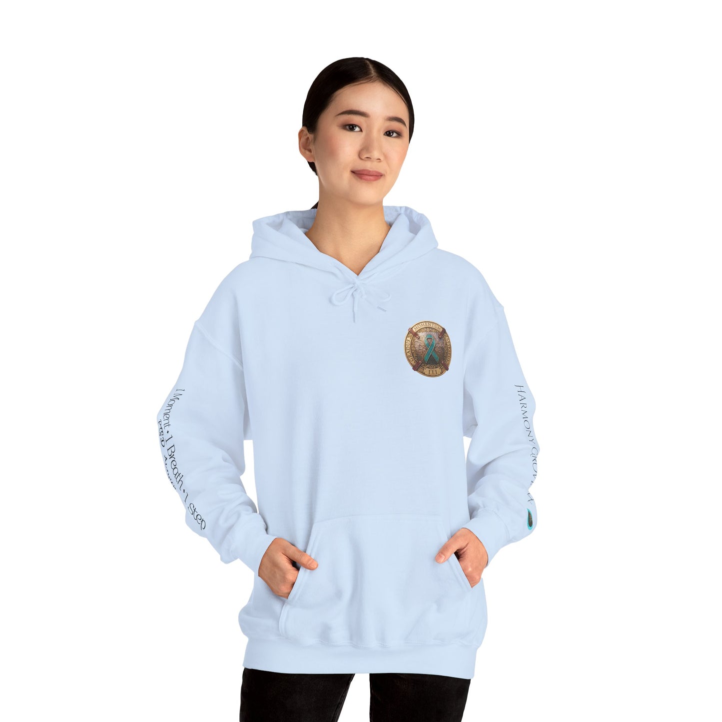 Pullover  Hoodie: "1 Momentum (Moment), 1 Spiritus (Breath), 1 Gradus (Step)" PTSD Awareness Teal Support Ribbon