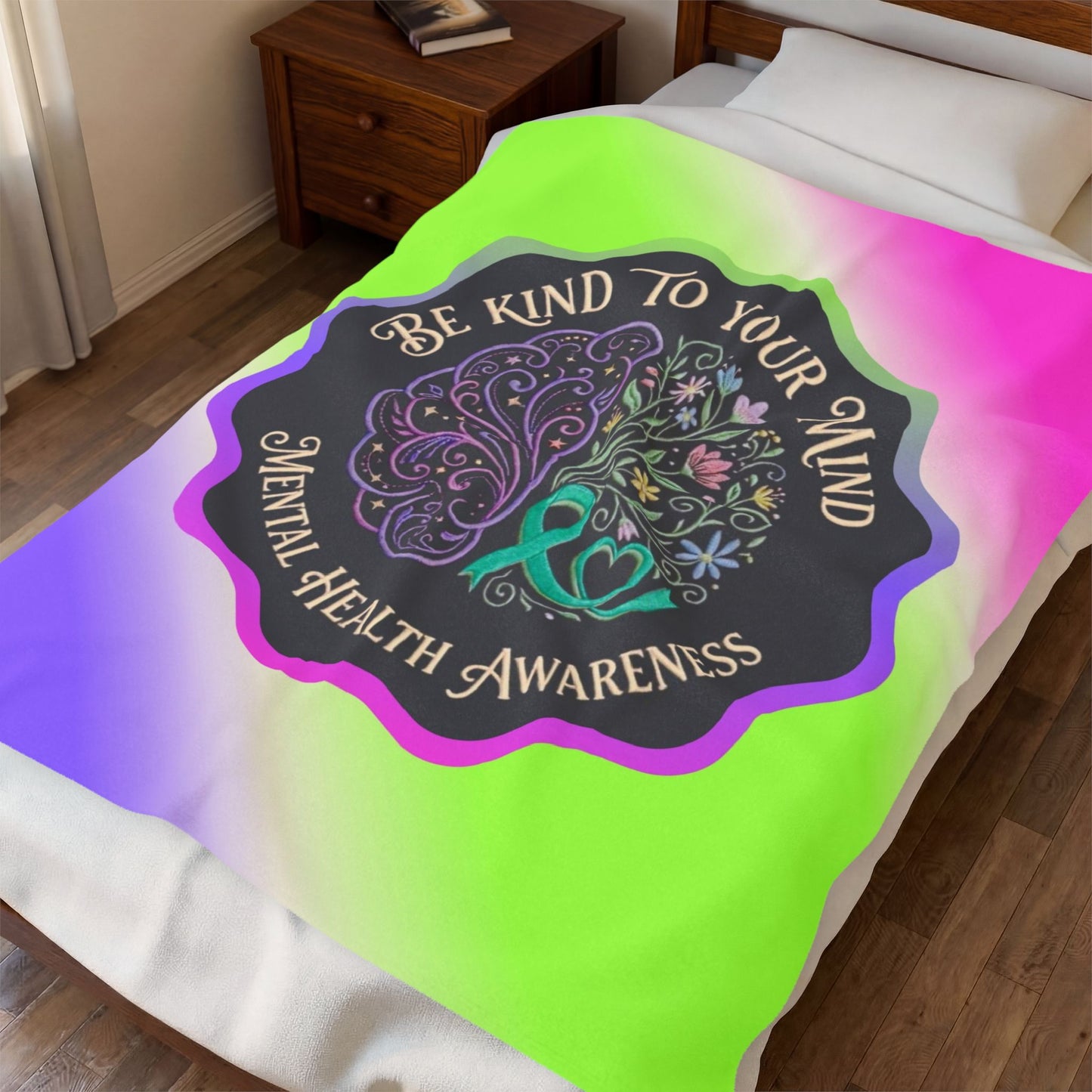 Velveteen Plush Blanket: "Be Kind to Your Mind" Mental Health Awareness Throw
