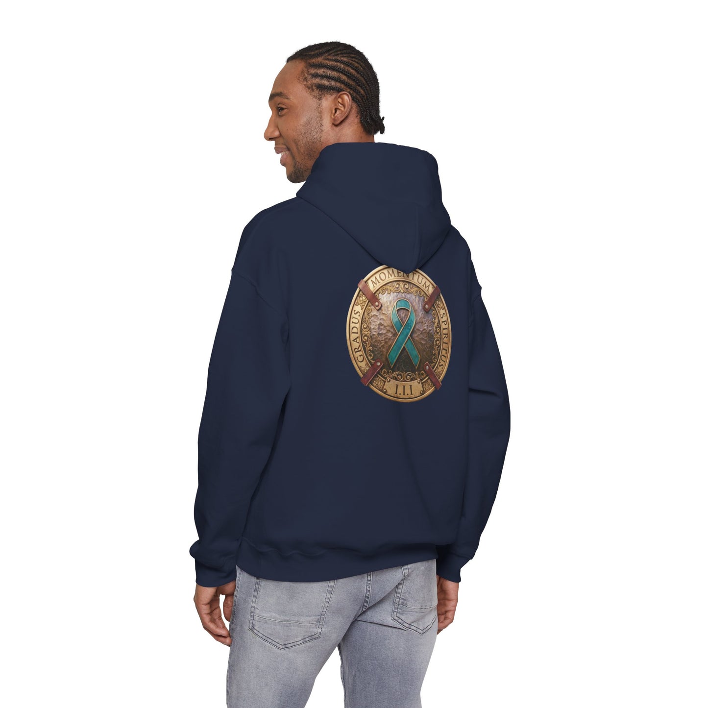Pullover  Hoodie: "1 Momentum (Moment), 1 Spiritus (Breath), 1 Gradus (Step)" PTSD Awareness Teal Support Ribbon