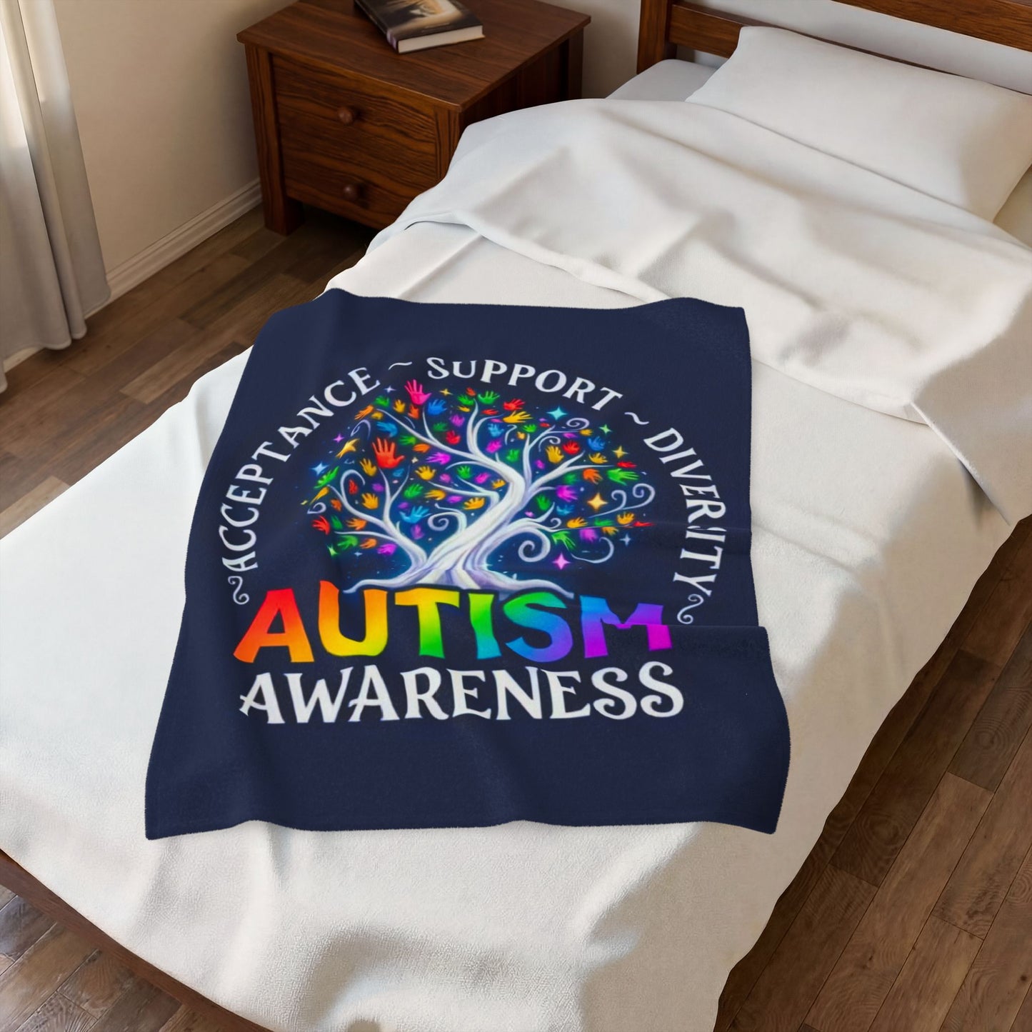 Autism Awareness Velveteen Plush Blanket "Acceptance • Support • Diversity" Rainbow Tree