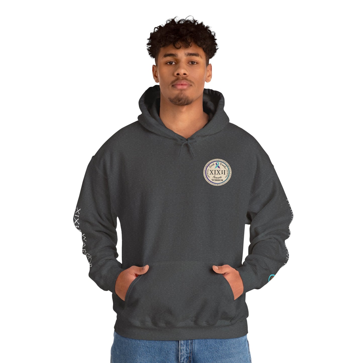 Pullover Hoodie: Suicide Awareness Warrior (XIX;I) Teal & Purple Support Ribbon