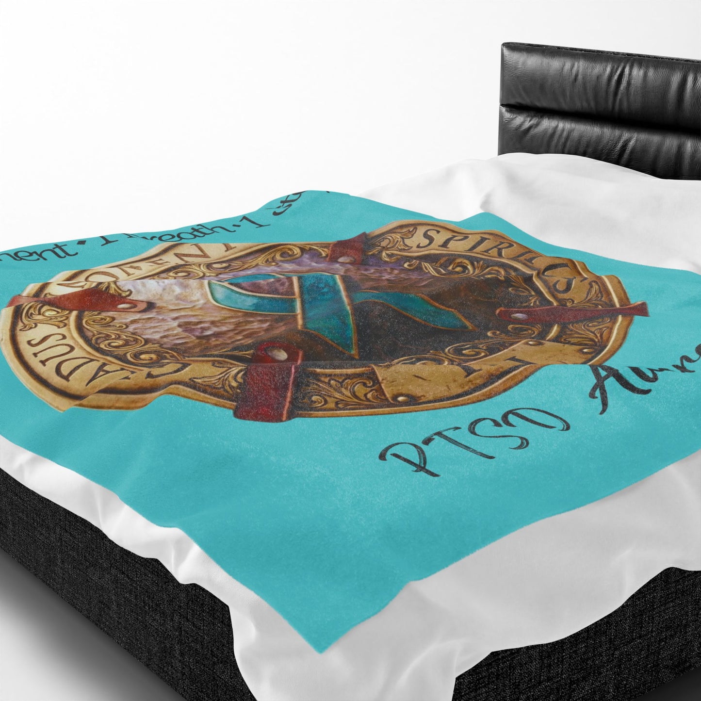 Velveteen Plush Blanket: "1 Moment • 1 Breath • 1 Step" PTSD Awareness Teal Ribbon Comfort Throw