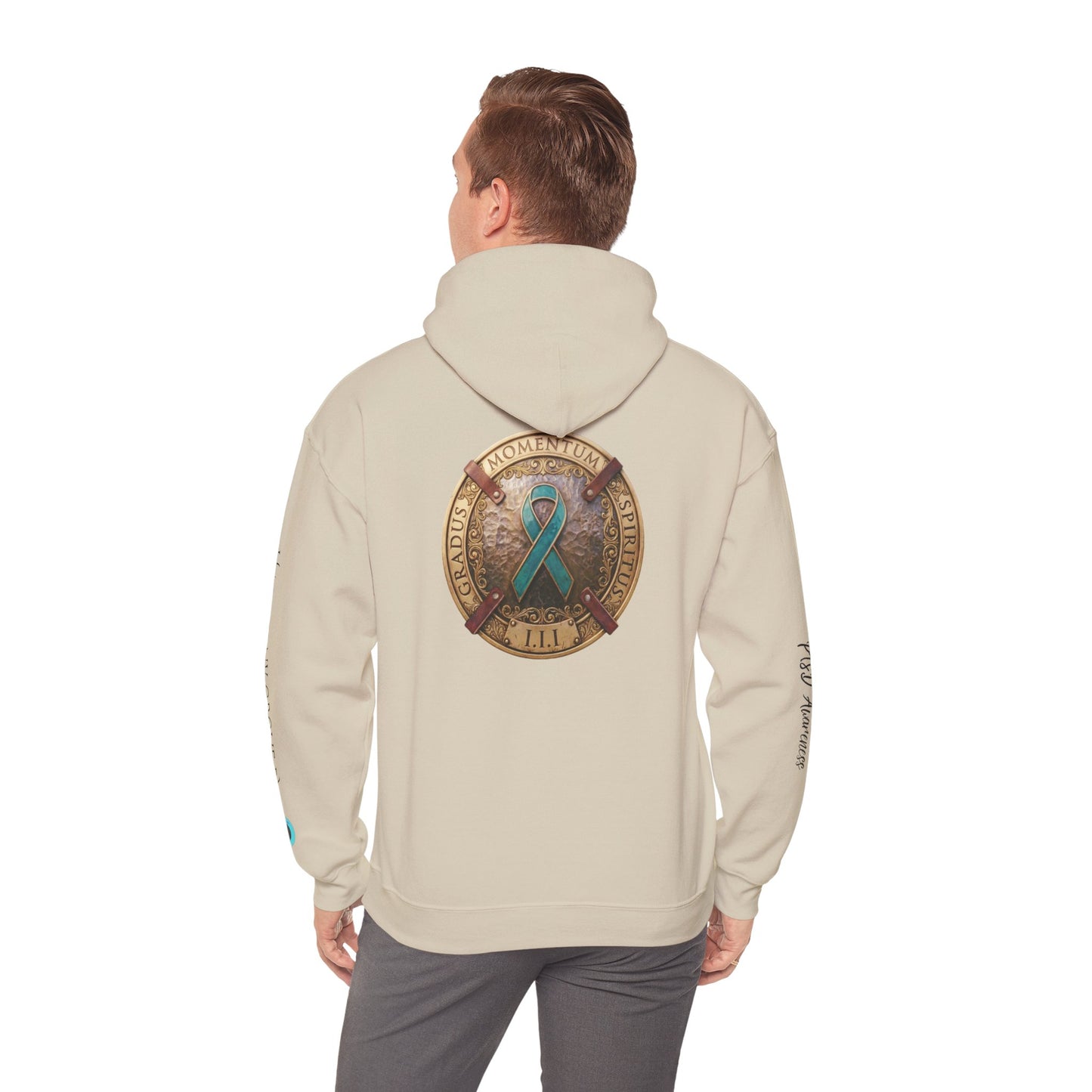 Pullover  Hoodie: "1 Momentum (Moment), 1 Spiritus (Breath), 1 Gradus (Step)" PTSD Awareness Teal Support Ribbon