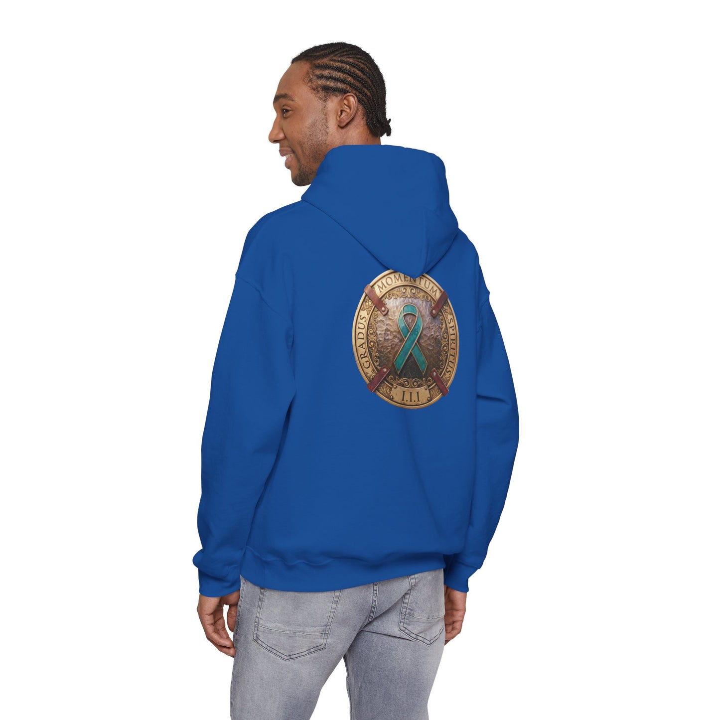 Pullover  Hoodie: "1 Momentum (Moment), 1 Spiritus (Breath), 1 Gradus (Step)" PTSD Awareness Teal Support Ribbon