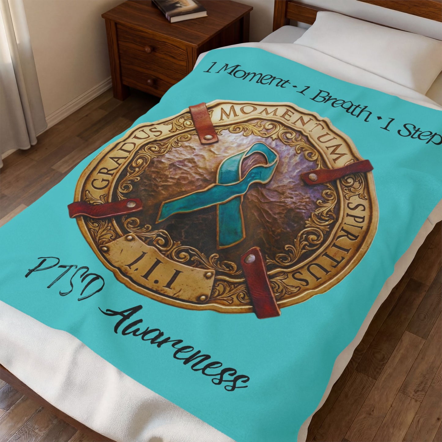 Velveteen Plush Blanket: "1 Moment • 1 Breath • 1 Step" PTSD Awareness Teal Ribbon Comfort Throw