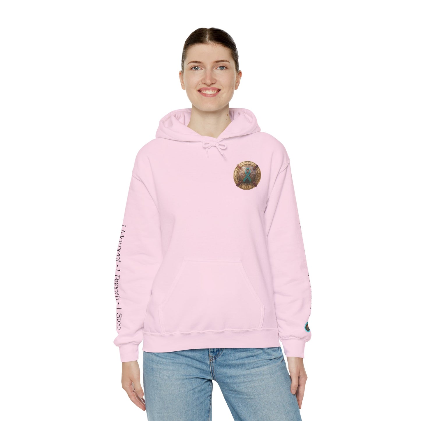 Pullover  Hoodie: "1 Momentum (Moment), 1 Spiritus (Breath), 1 Gradus (Step)" PTSD Awareness Teal Support Ribbon