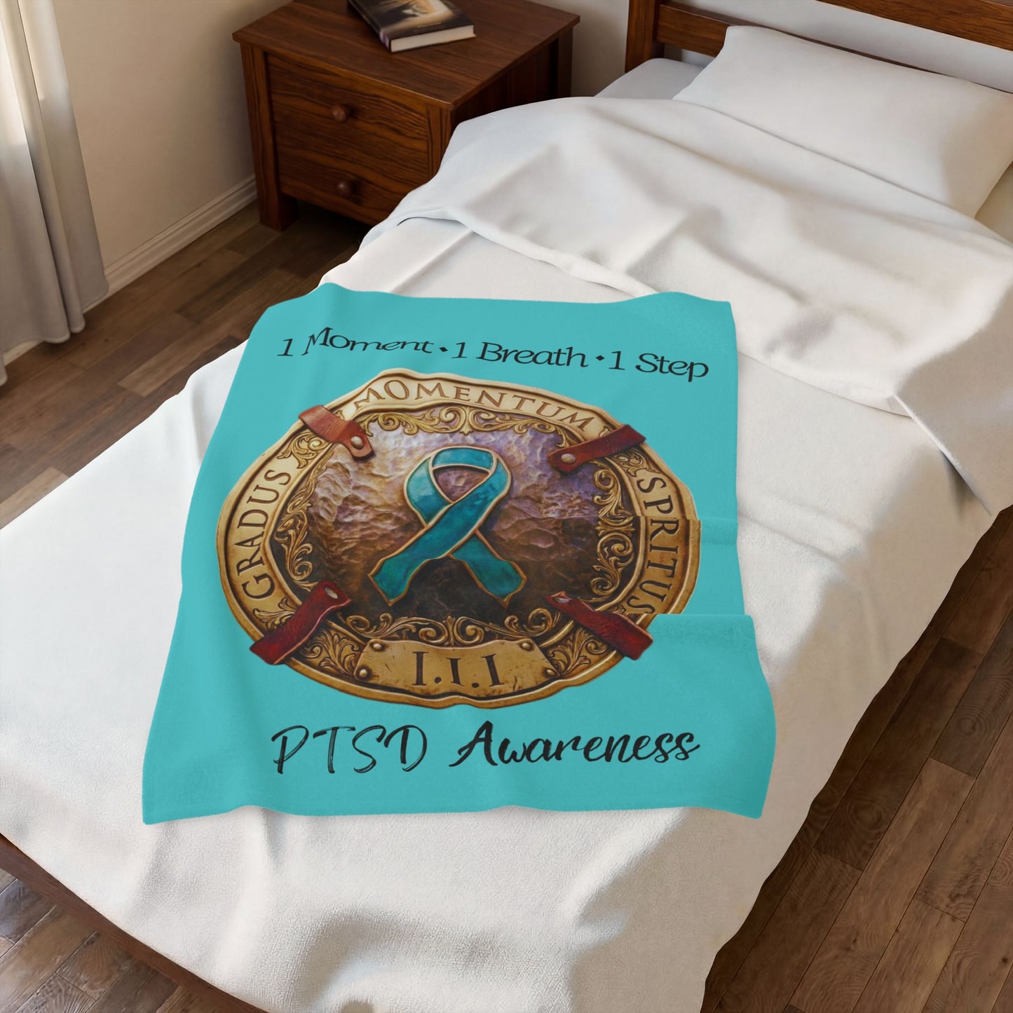 Velveteen Plush Blanket: "1 Moment • 1 Breath • 1 Step" PTSD Awareness Teal Ribbon Comfort Throw