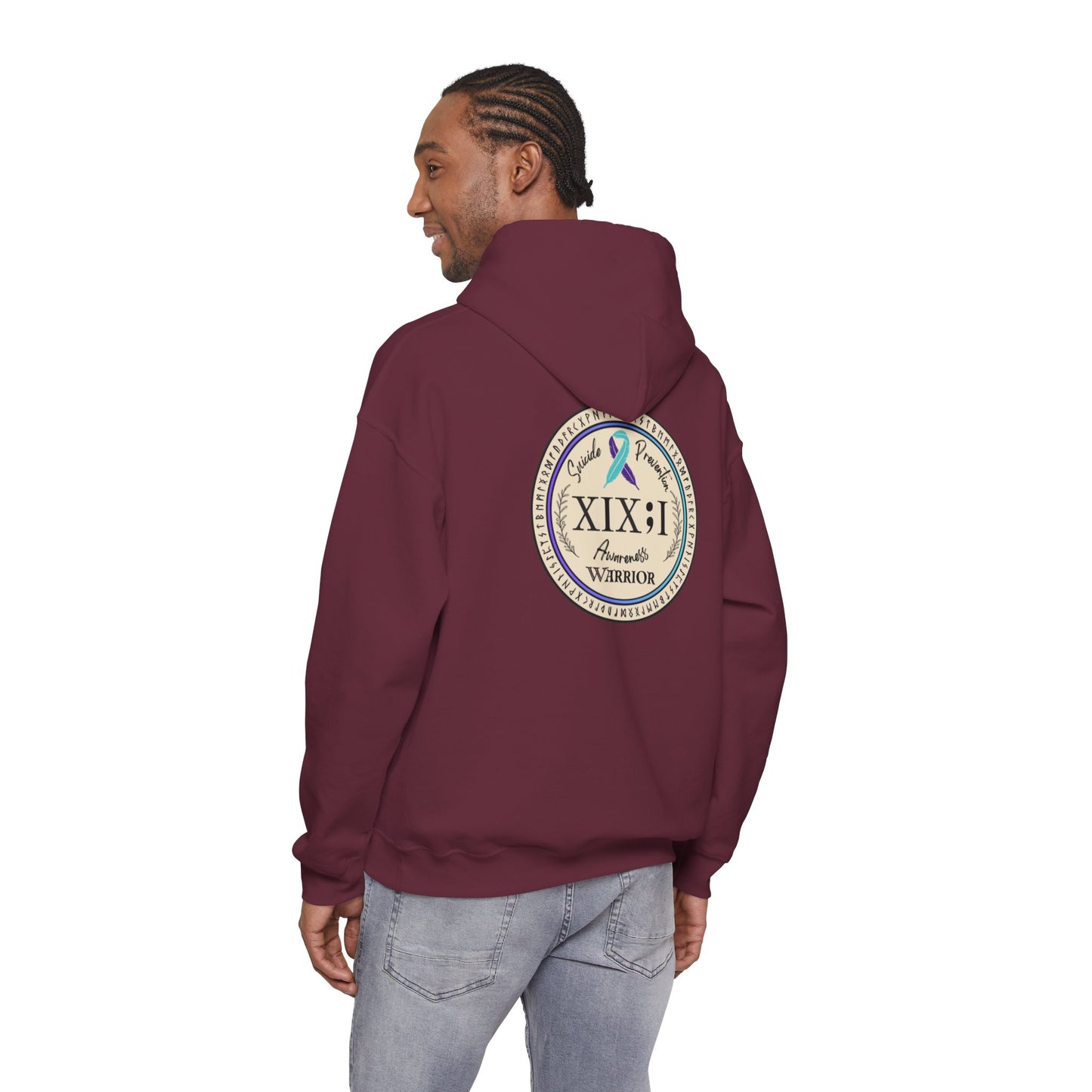 Pullover Hoodie: Suicide Awareness Warrior (XIX;I) Teal & Purple Support Ribbon